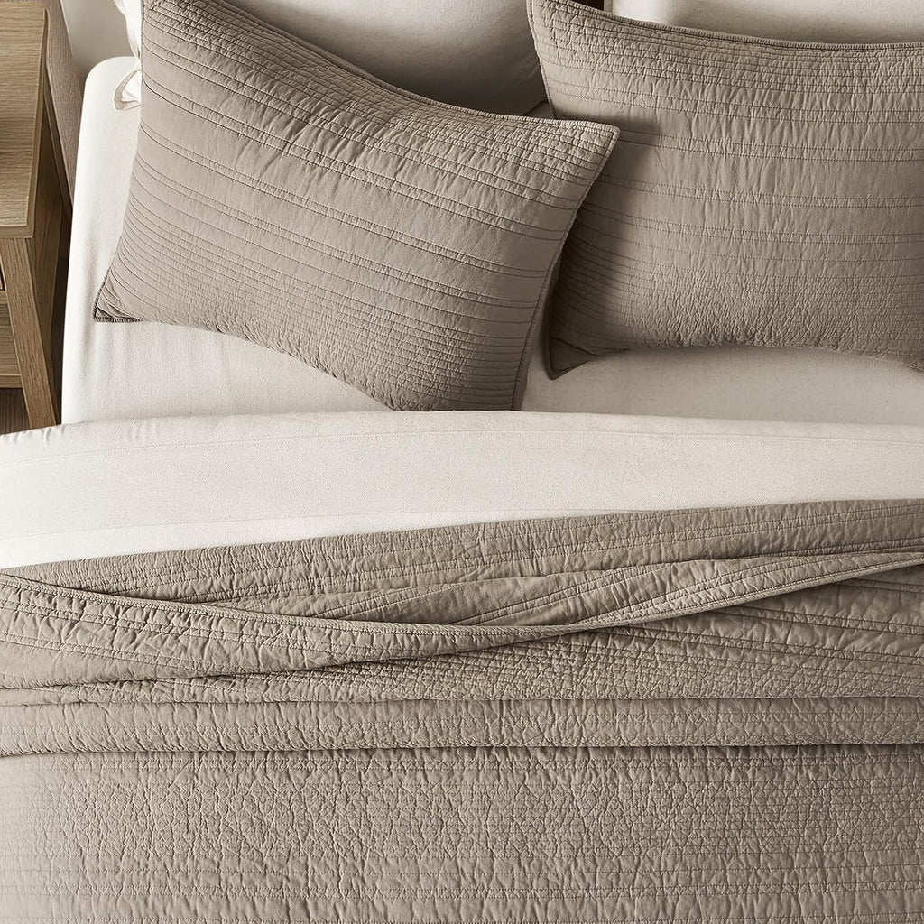 EVERGRACEHOME 100% Cotton Modern Lines Quilt Set Queen Size, Pre-Washed Soft Striped Coverlet Bedspread, 3 Piece Lightweight Bedding Set for All Season, with 2 Pillow Shams, Stone Taupe