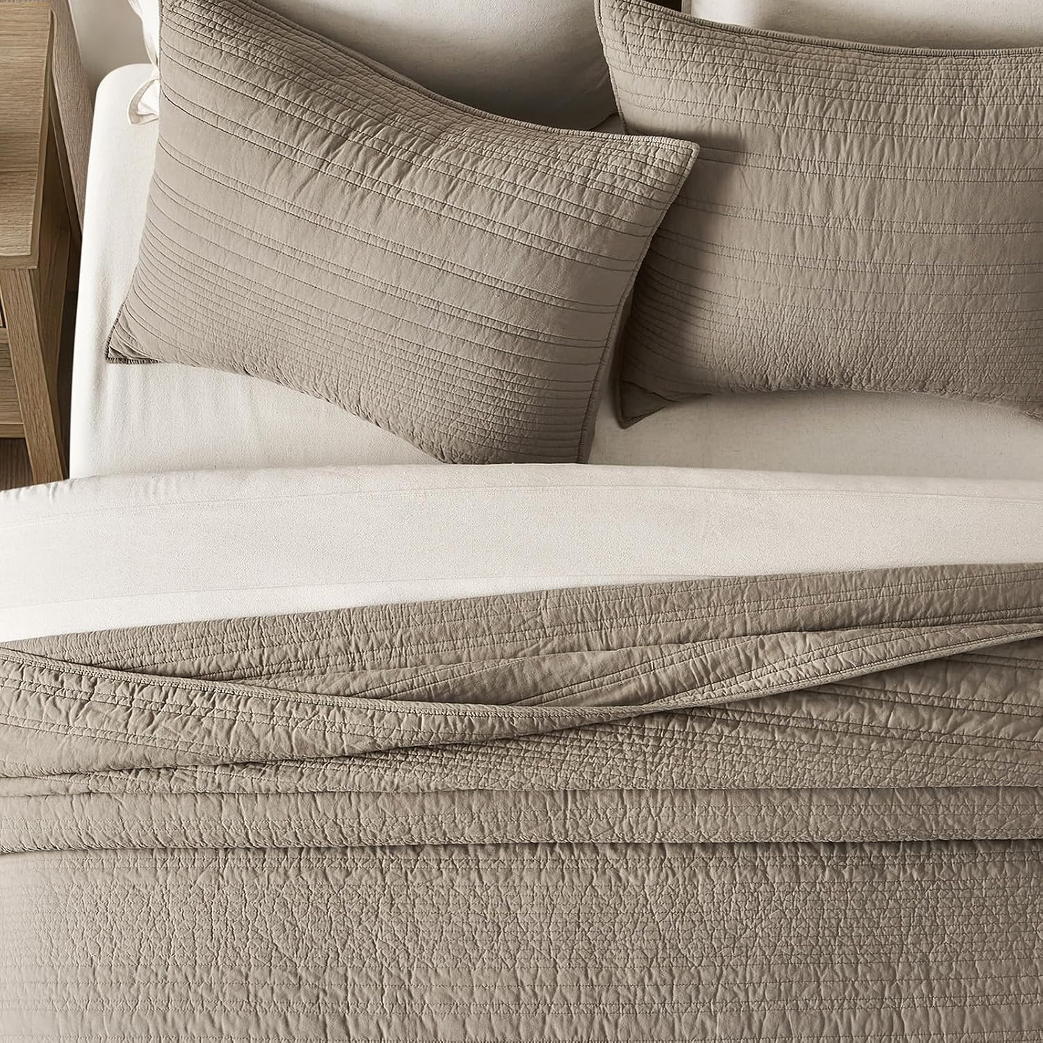 EVERGRACEHOME 100% Cotton Modern Lines Quilt Set Queen Size, Pre-Washed Soft Striped Coverlet Bedspread, 3 Piece Lightweight Bedding Set for All Season, with 2 Pillow Shams, Stone Taupe