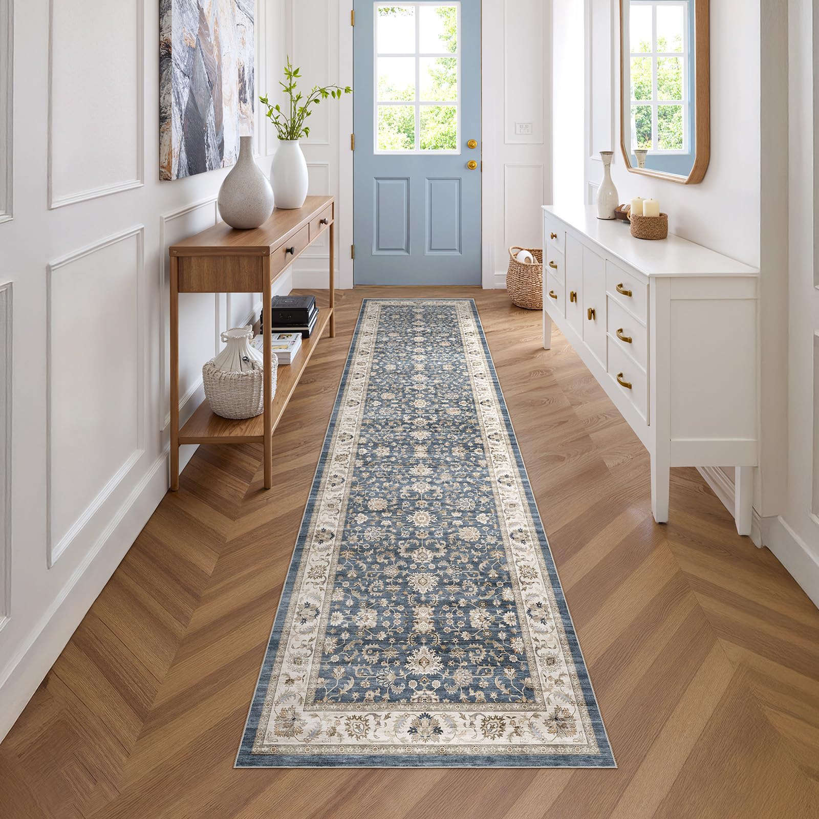 WITSHOCK 10x14 Area Rugs Living Room: Washable Large Neutral Vintage Soft Rug Stain Resistant Non-Slip Farmhouse Indoor Low Pile Floor Carpet for Bedroom Nursery Kids Office- Light Blue