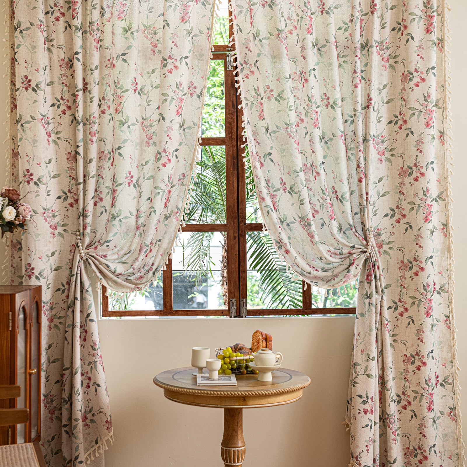 Green Boho Floral Curtains 84", 2 Panels Cotton Linen Semi-Blackout Drapes with Tassel