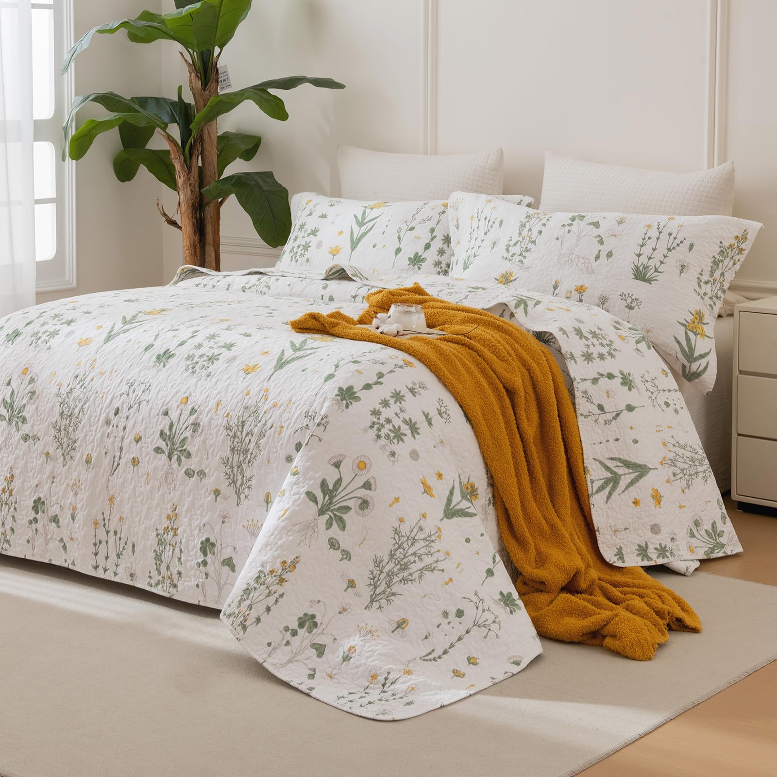 Sanracie 100% Cotton Quilt Queen Size(90"x98")-Floral Quilted Bedspreads Set,3pcs Yellow Wild Flower Botanical Printed Pattern Quilt Bedding Coverlet Summer Soft Lightweight Aesthetic Bedding
