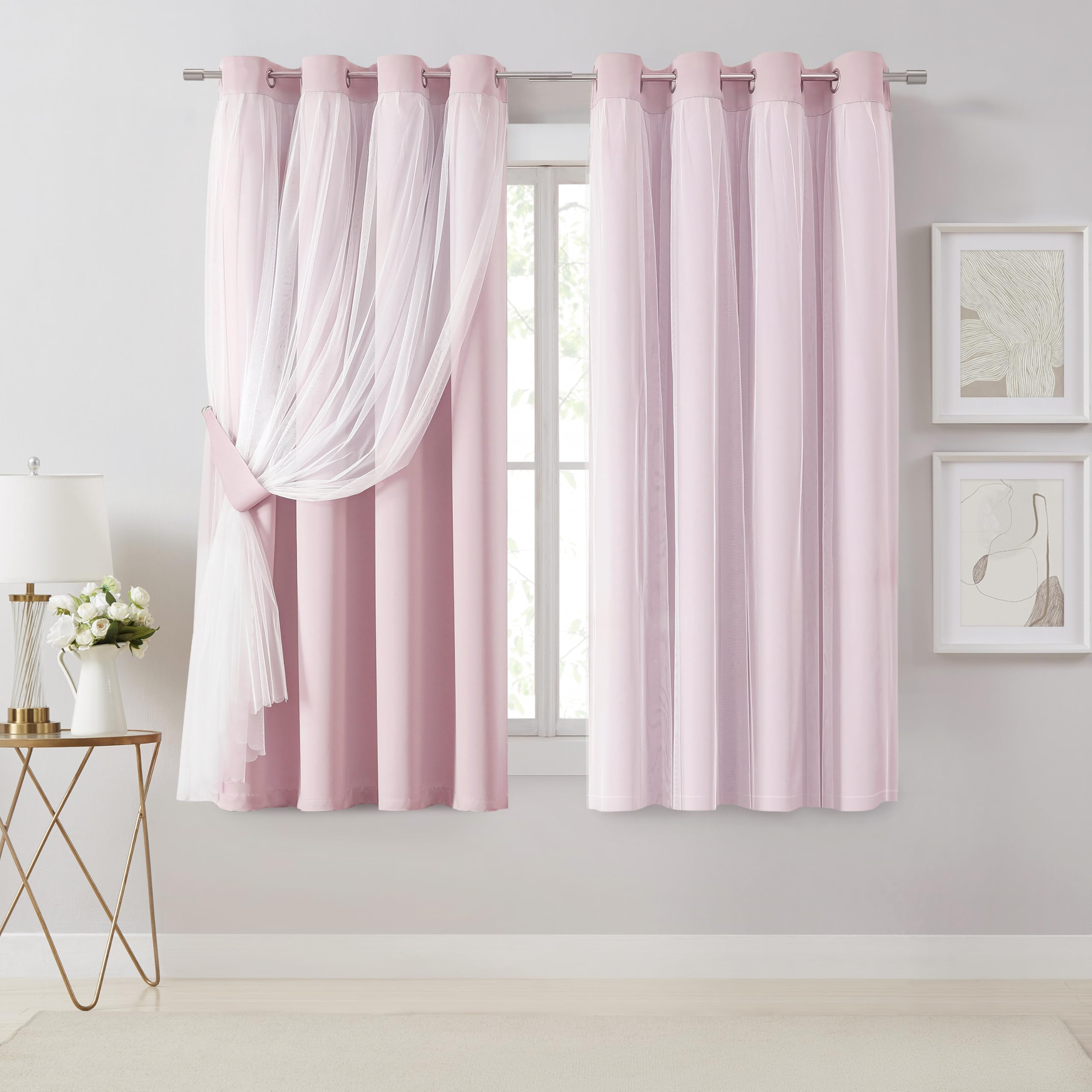 Bujasso Beige 90% Blackout Curtains with Sheer Overlay Mix and Match Double Layer Thermal Insulated Window Panels 84 inch for Living Room Bedroom Beige Drapes with Tiebacks Grommet Top 37" Wx84 Lx2