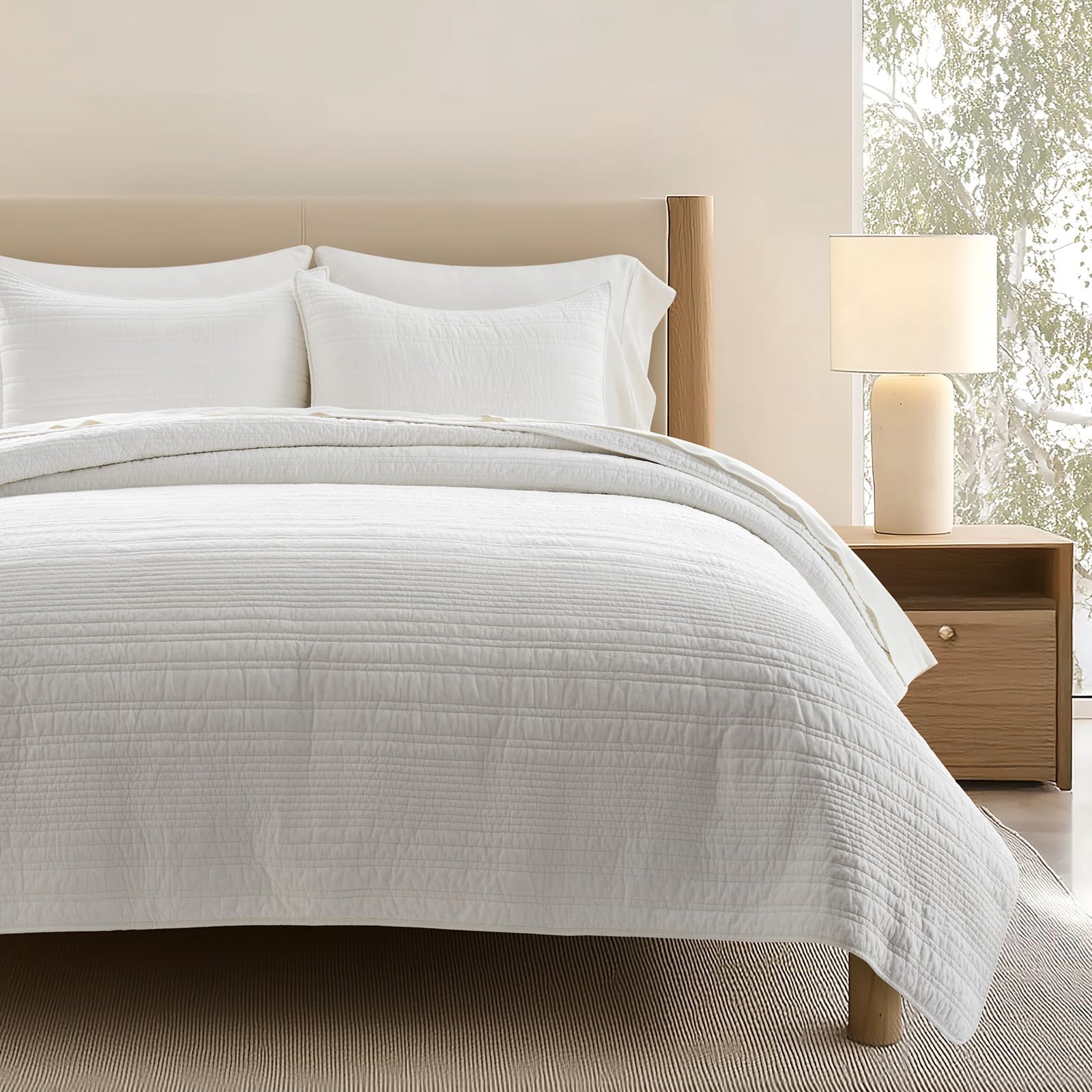 EVERGRACEHOME 100% Cotton Modern Lines Quilt Set Queen Size, Pre-Washed Soft Striped Coverlet Bedspread, 3 Piece Lightweight Bedding Set for All Season, with 2 Pillow Shams, Stone Taupe