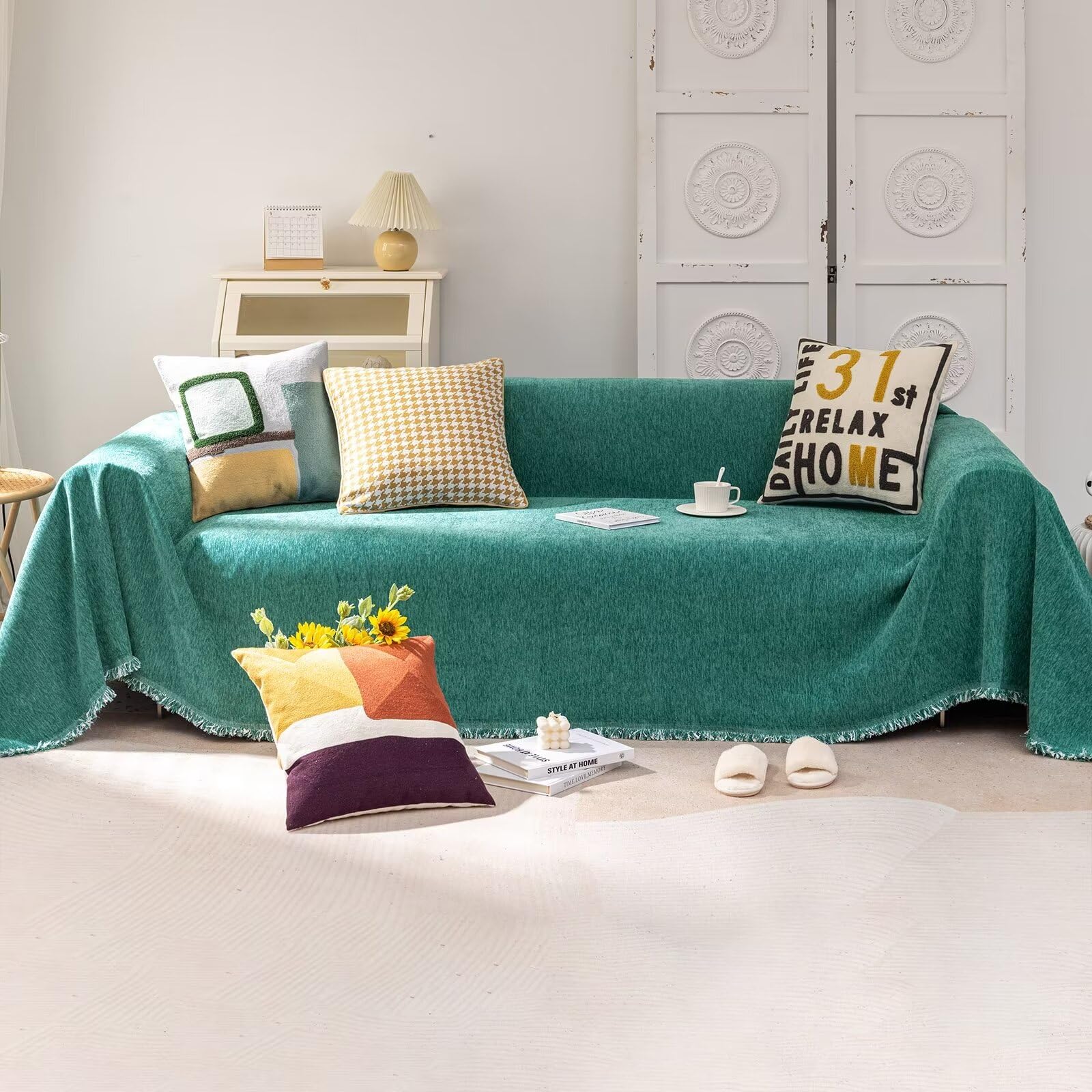 VClife Boho Couch Cover, Washable Sofa Cover for Dog, Non Slip Couch Covers for 3 Cushion Couch, Modern Khaki Creamy White Geometric Sofa Slipcovers Multi-Functional Furniture Protector 71'' x 134''