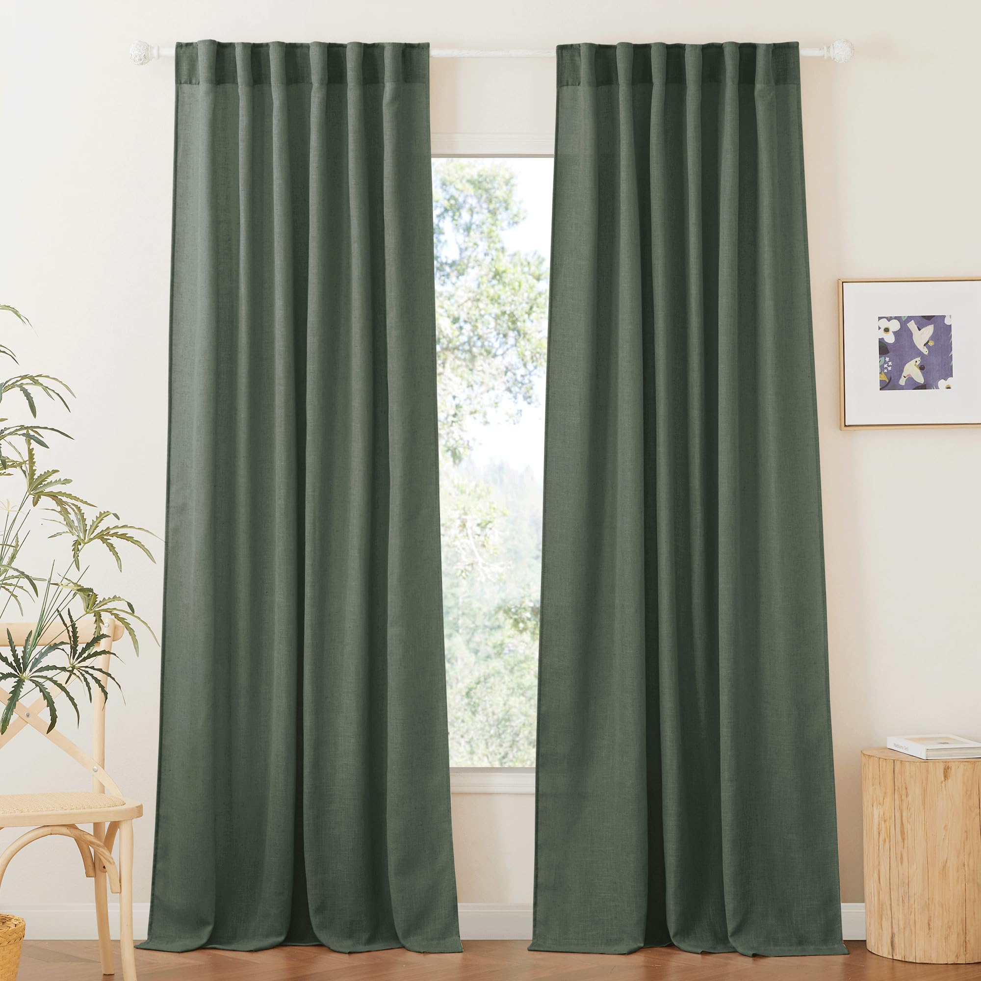 RYB HOME Semi Sheer Curtains - Linen Blend Privacy Curtains Sheer Window Treatment Drapes Farmhouse Decor for Bedroom Living Room Sliding Glass Door, 52 inch Wide x 95 inch Long 2 Panels, Linen
