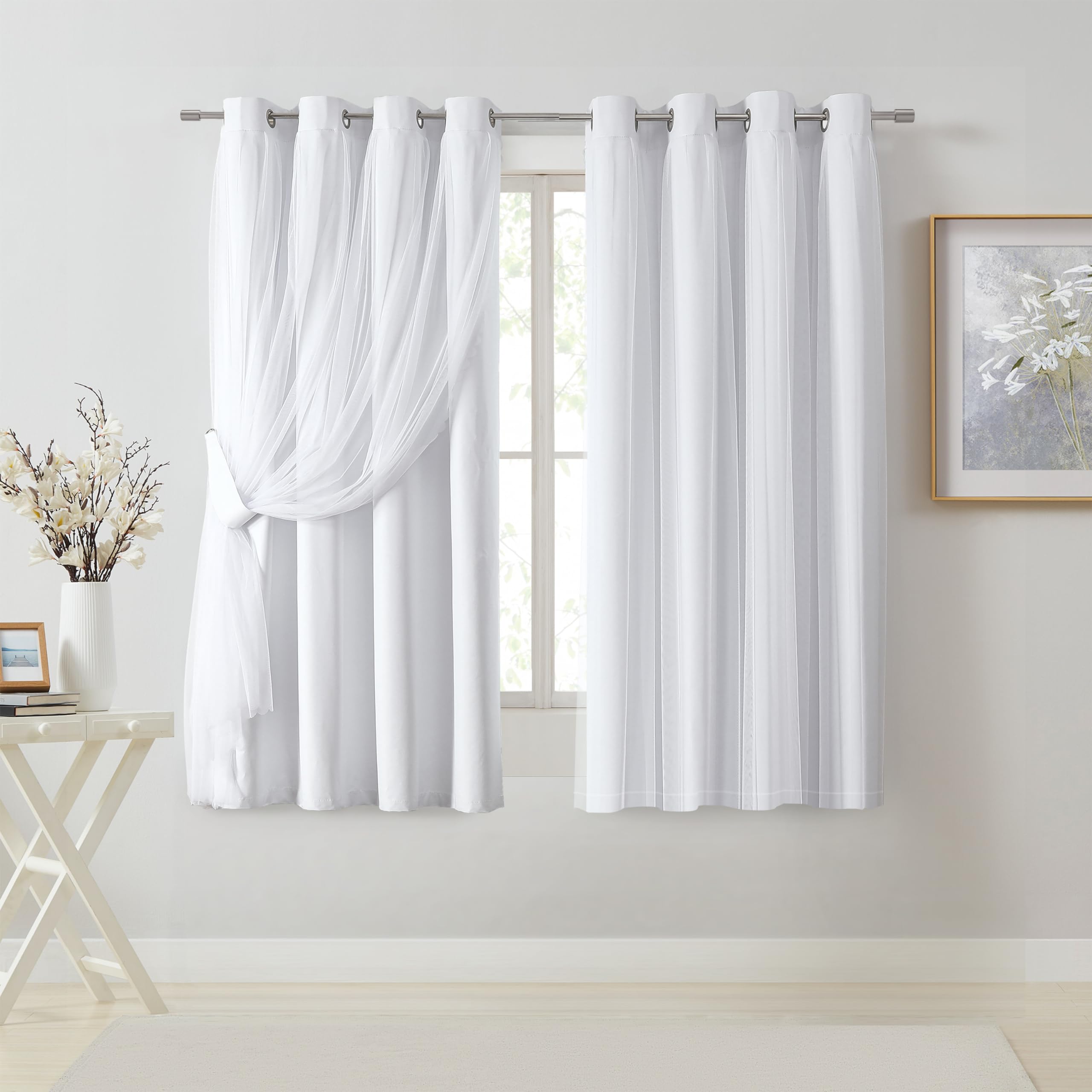 Bujasso Beige 90% Blackout Curtains with Sheer Overlay Mix and Match Double Layer Thermal Insulated Window Panels 84 inch for Living Room Bedroom Beige Drapes with Tiebacks Grommet Top 37" Wx84 Lx2