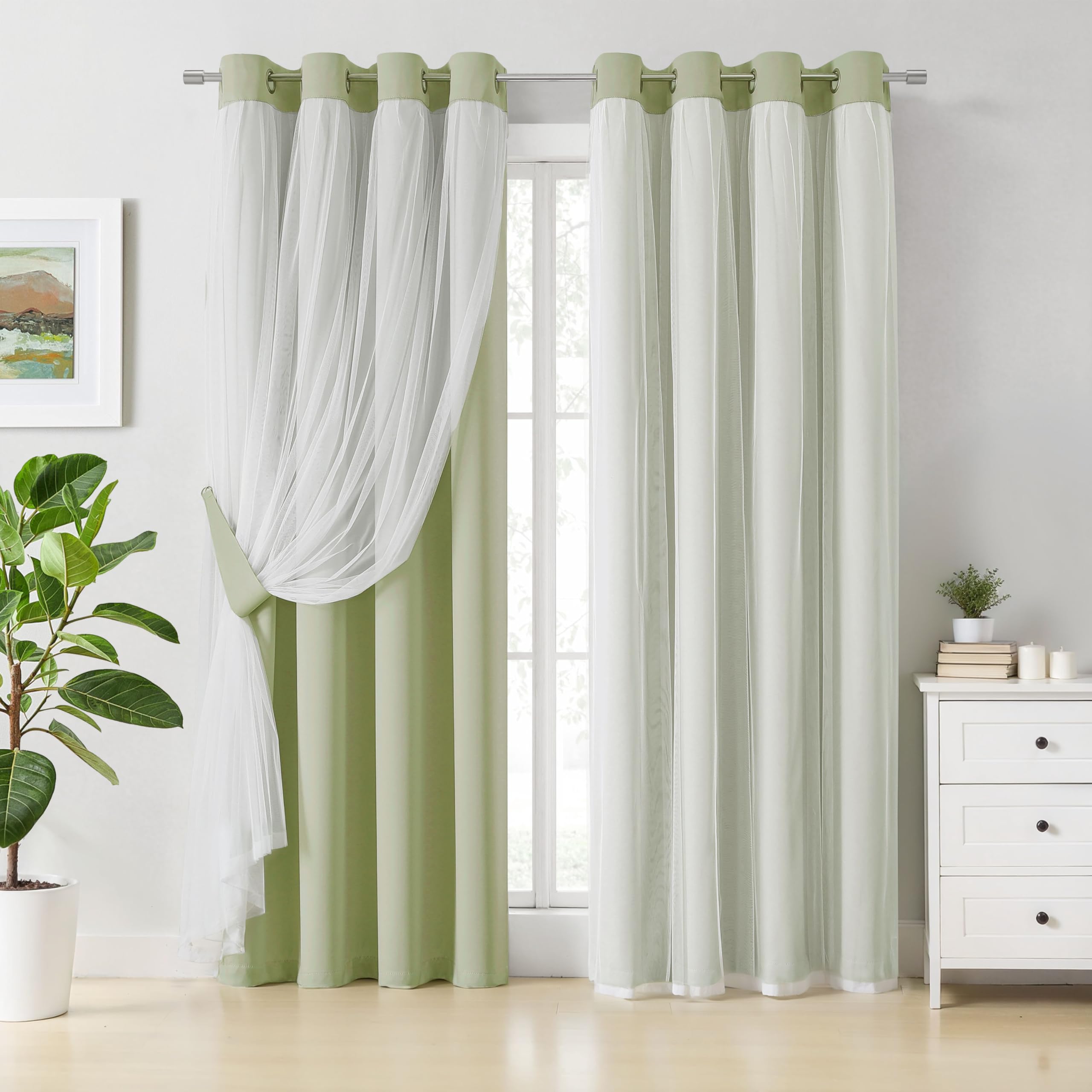 Bujasso Beige 90% Blackout Curtains with Sheer Overlay Mix and Match Double Layer Thermal Insulated Window Panels 84 inch for Living Room Bedroom Beige Drapes with Tiebacks Grommet Top 37" Wx84 Lx2