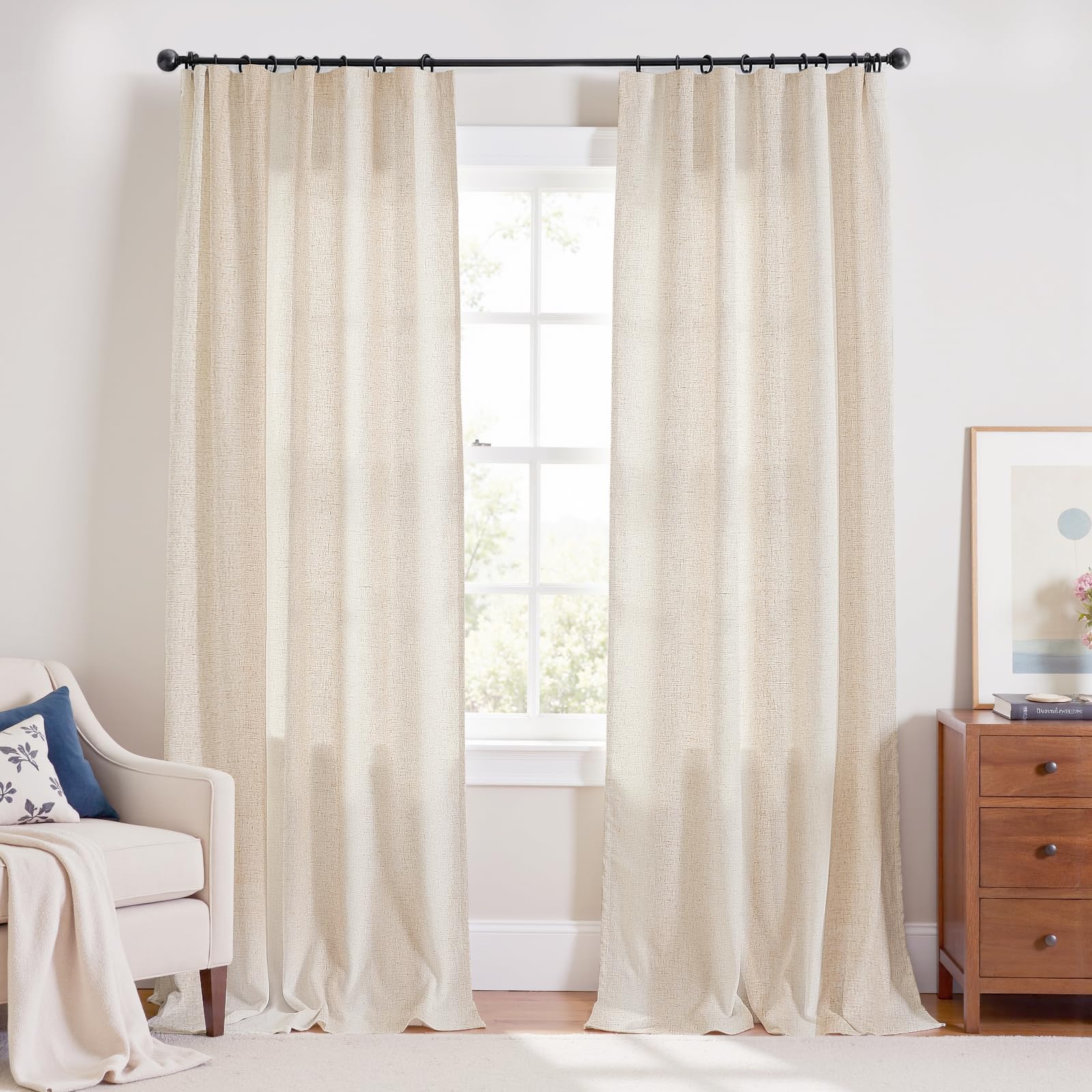 Linen Curtains for Living Room Bedroom 84 Inches Long Thick Linen Textured Beige Curtains Light Filtering Natural Semi Sheer Farmhouse Window Drapes, Country Rustic Drapes 2 Panels Back Tab/Rod Pocket