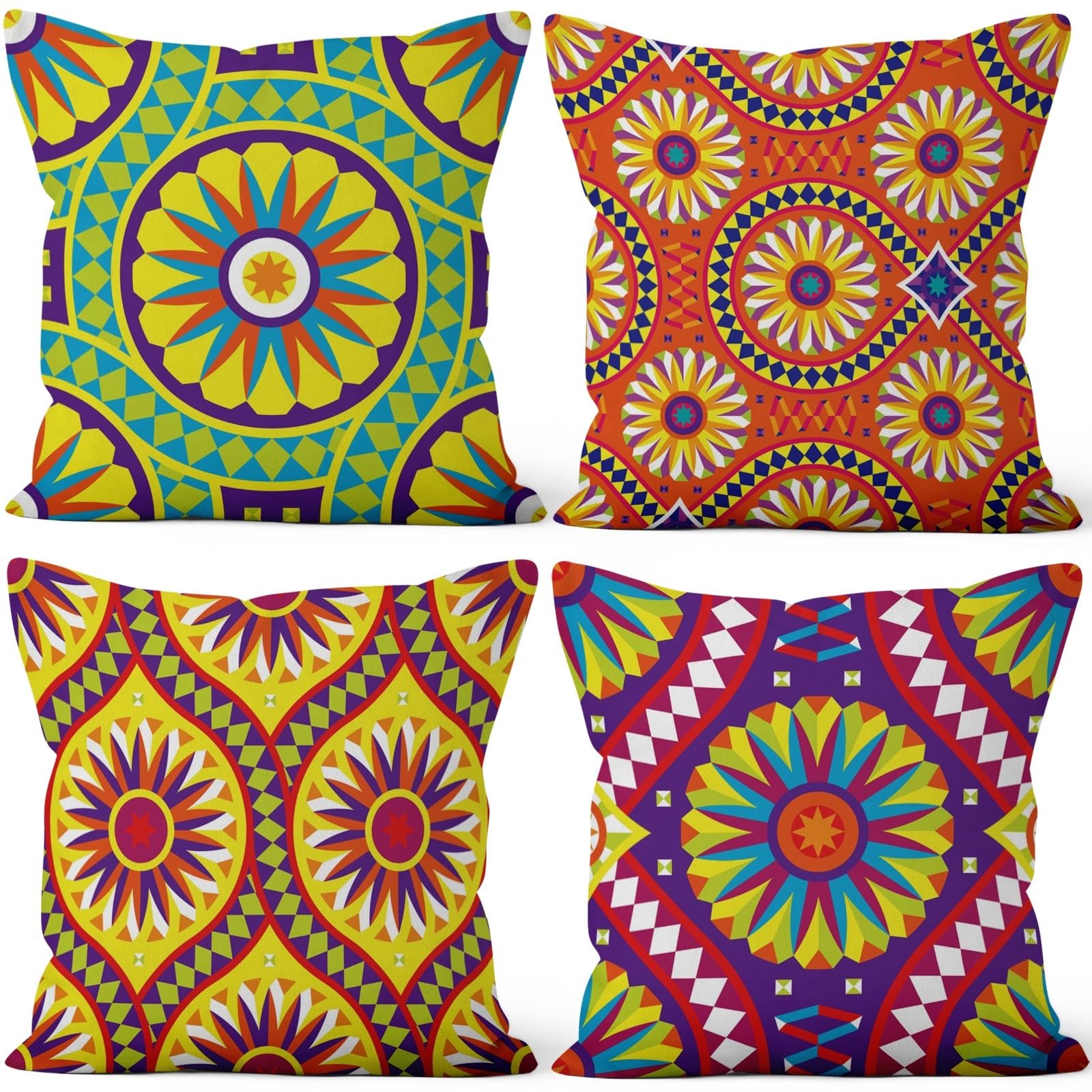 4 Pcs/Set Geometric Pillow Covers Boho Abstract Strips Patchwork Color Geometric Ethnic Colorful Vintage Artwork Linen Throw Cushion Cases for Couch Sofa Bedroom Decorative, 22"x22"