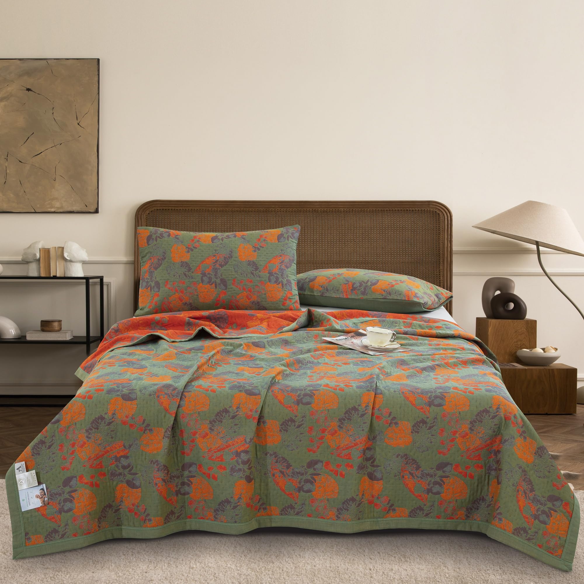 King Size 100% Cotton Floral Ginkgo Jacquard Quilt, 3-Layer Reversible Lightweight Bedspread 98"x94"