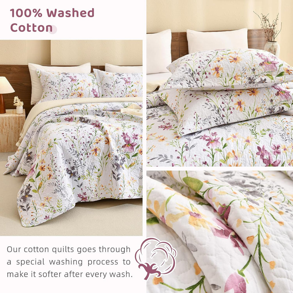 Sanracie 100% Cotton Quilt Queen Size(90"x98")-Floral Quilted Bedspreads Set,3pcs Yellow Wild Flower Botanical Printed Pattern Quilt Bedding Coverlet Summer Soft Lightweight Aesthetic Bedding