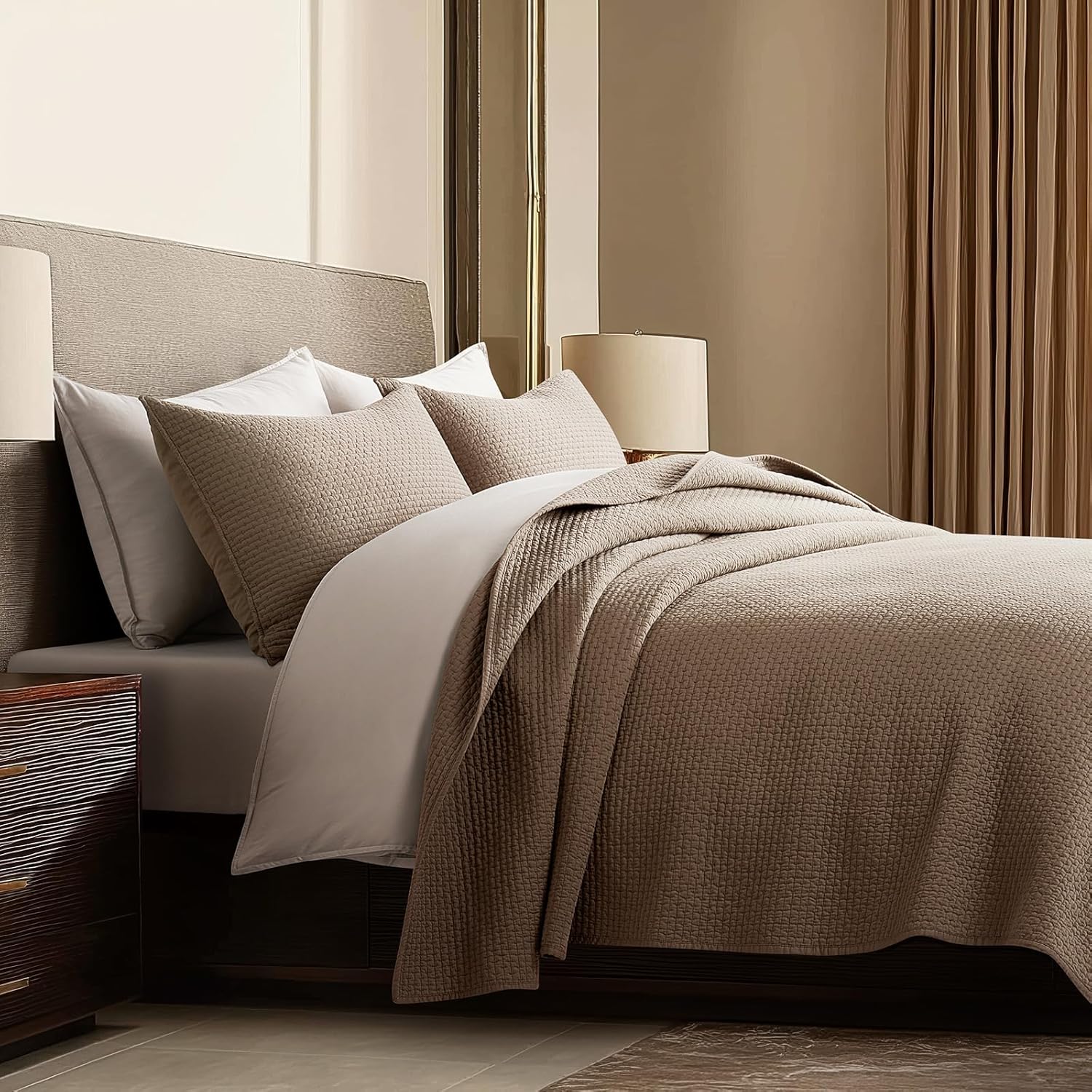 EVERGRACE Cotton Sateen Pick-Stitch Quilt Set Queen Size – 100% Cotton Coverlet Bedding, Pre-Washed Oversized Bedspread, Breathable All-Season Quilt Set with 2 Shams, Stone Taupe