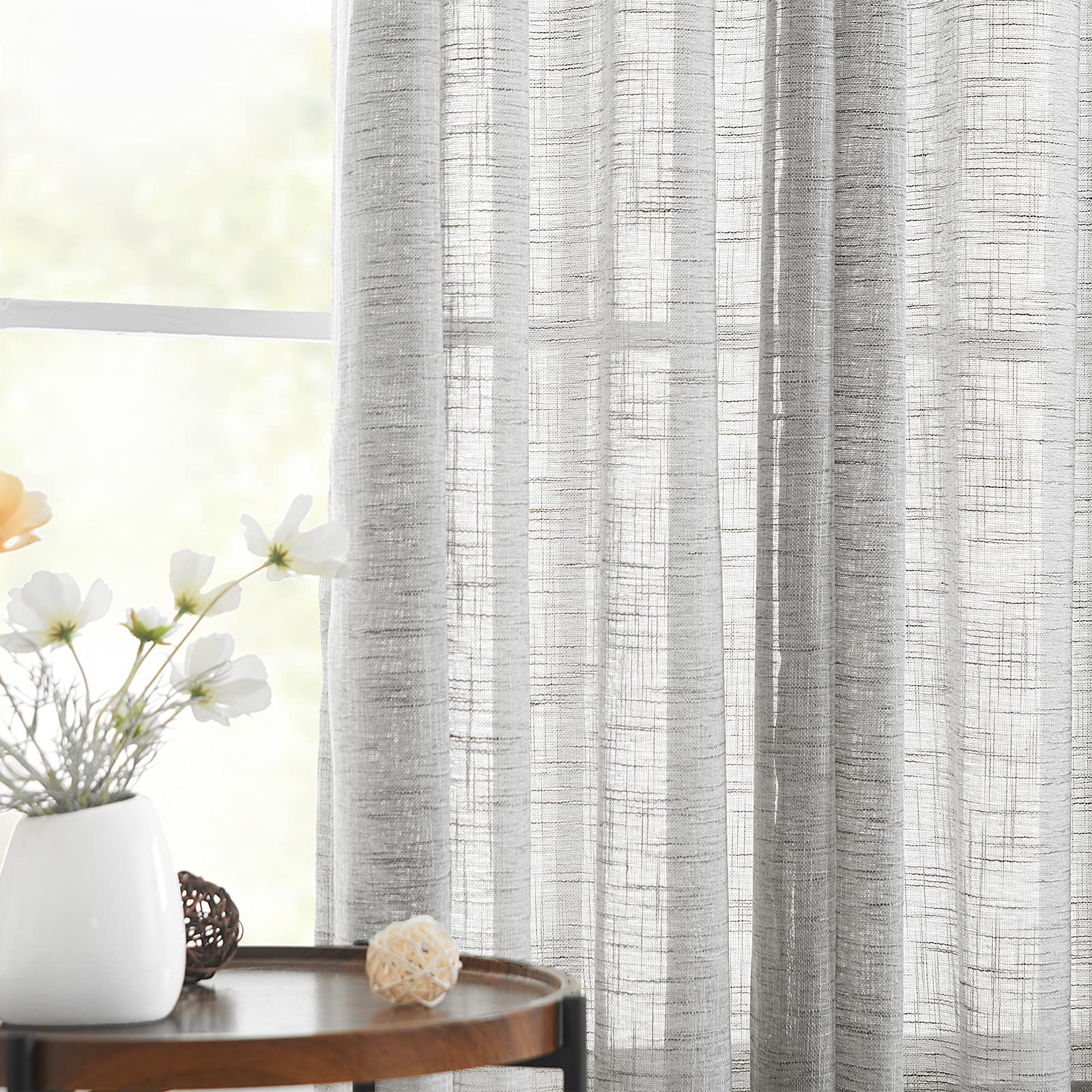Semi Sheer Curtains for Living Room 95 inch Length Natural Linen Semi Sheer Curtain Drapes for Bedroom Light Filtering Farmhouse Country Rustic Window Curtains 52"w 2 Panels Rod Pocket Beige