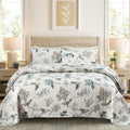 DURLENGEN Forest 100% Cotton Queen Quilt 3Pcs,Bohemian Reversible Leaves & Flowers Pattern on White, Luxury Lightweight Coverlet Sets for All Season(Queen 90x96,Forest)