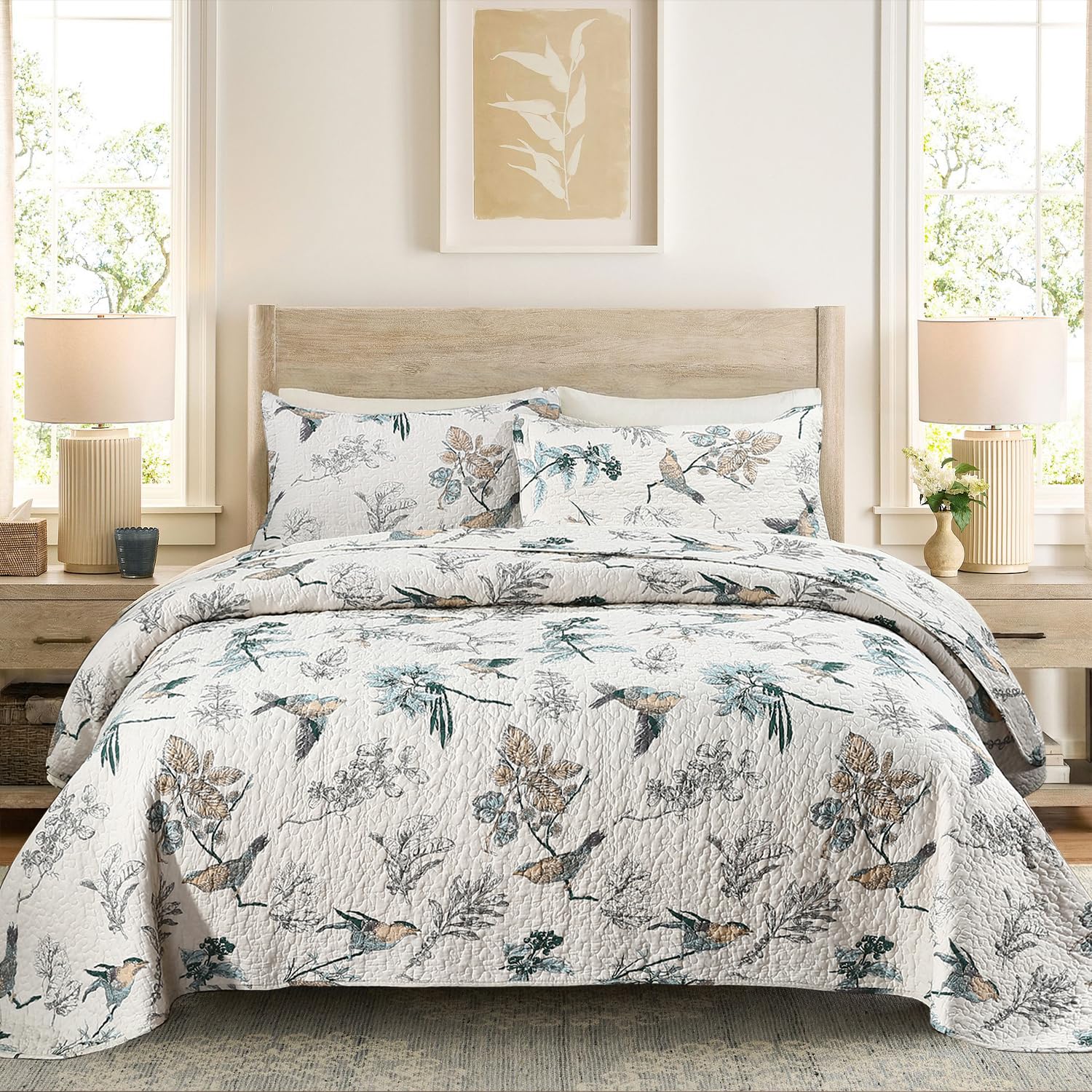DURLENGEN Forest 100% Cotton Queen Quilt 3Pcs,Bohemian Reversible Leaves & Flowers Pattern on White, Luxury Lightweight Coverlet Sets for All Season(Queen 90x96,Forest)