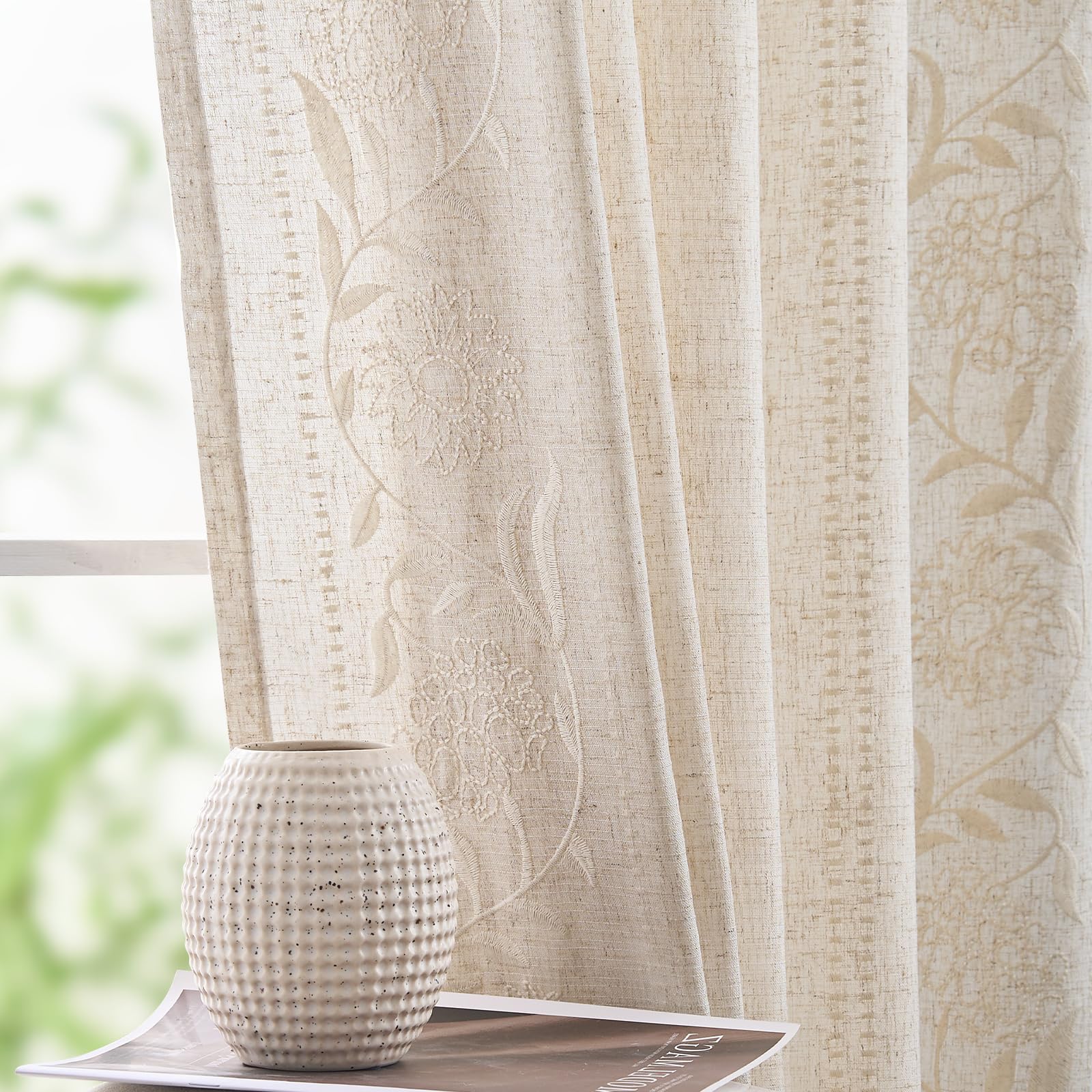 jinchan Winslow Linen Curtains for Bedroom 84 Inches Length Embroidered Bordered Floral Curtains for Living Room Farmhouse Decor Light Filtering Window Treatments Blue on Beige Drapes 2 Panels