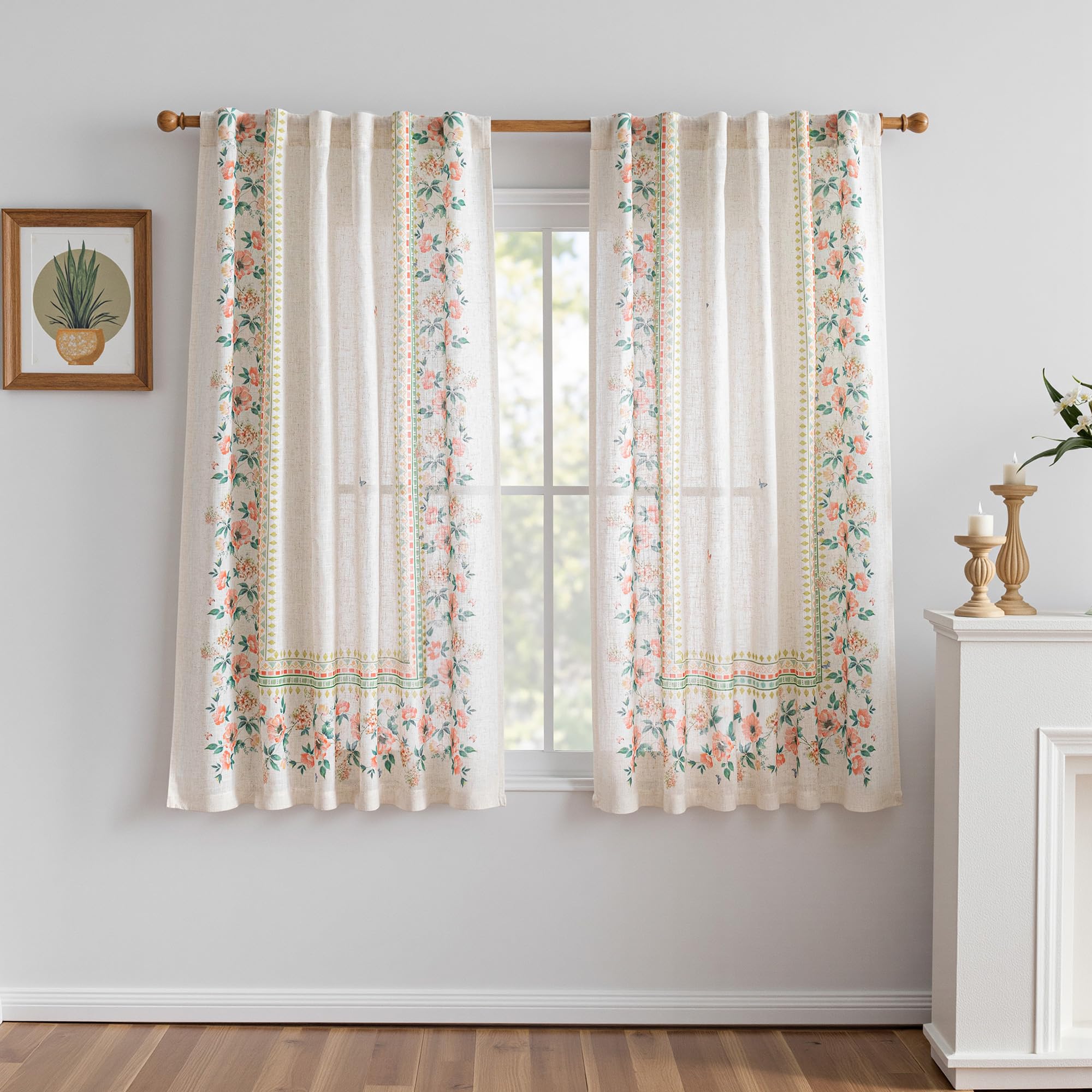 MYSKY HOME Sheer Curtains 84 Inches Long 2 Panels Linen Blended Farmhouse Curtains & Drapes for Living Room Bedroom, Light Filtering Privacy Curtains Floral Printed Classical Home Decor, Navy Blue(2)