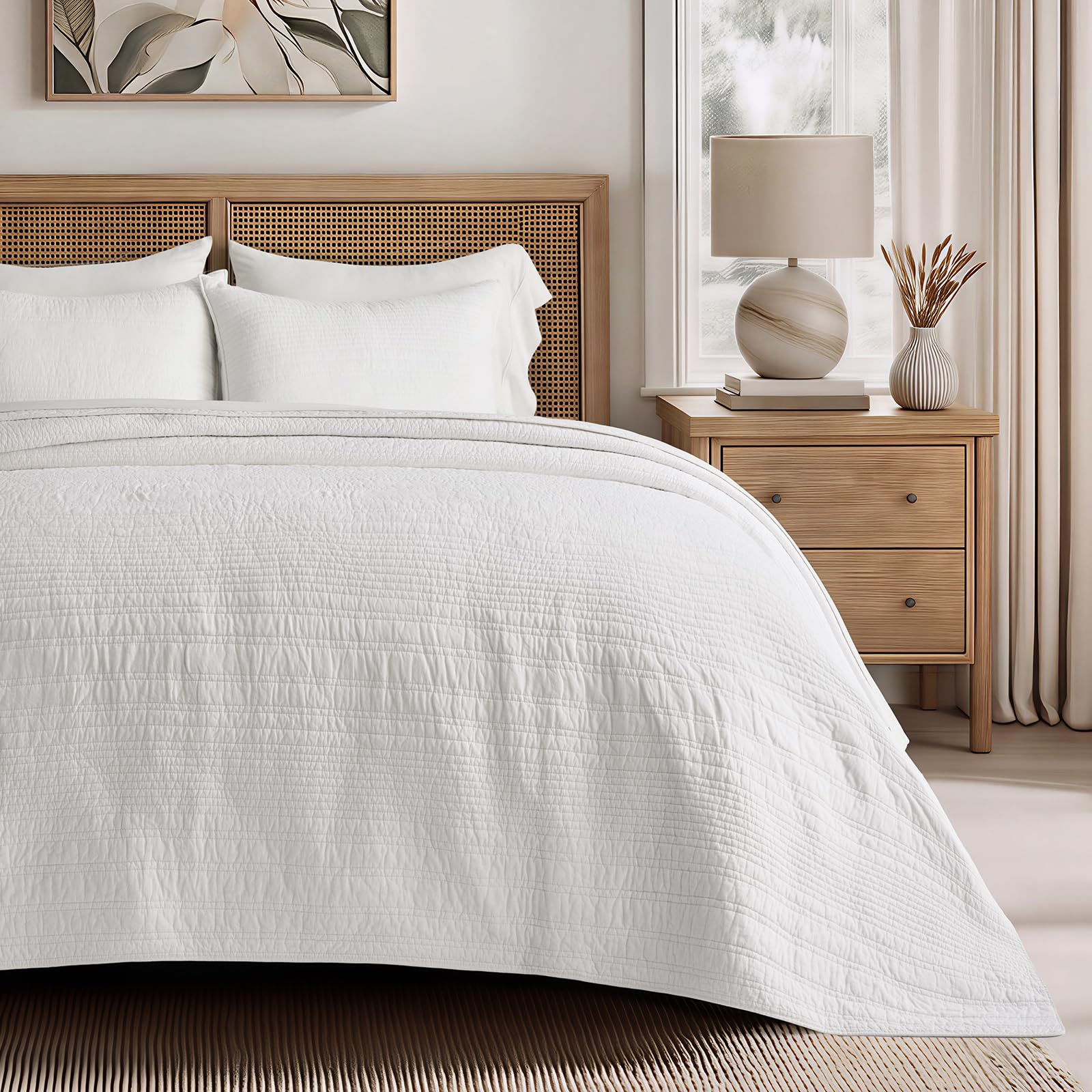 EVERGRACEHOME 100% Cotton Modern Lines Quilt Set Queen Size, Pre-Washed Soft Striped Coverlet Bedspread, 3 Piece Lightweight Bedding Set for All Season, with 2 Pillow Shams, Stone Taupe
