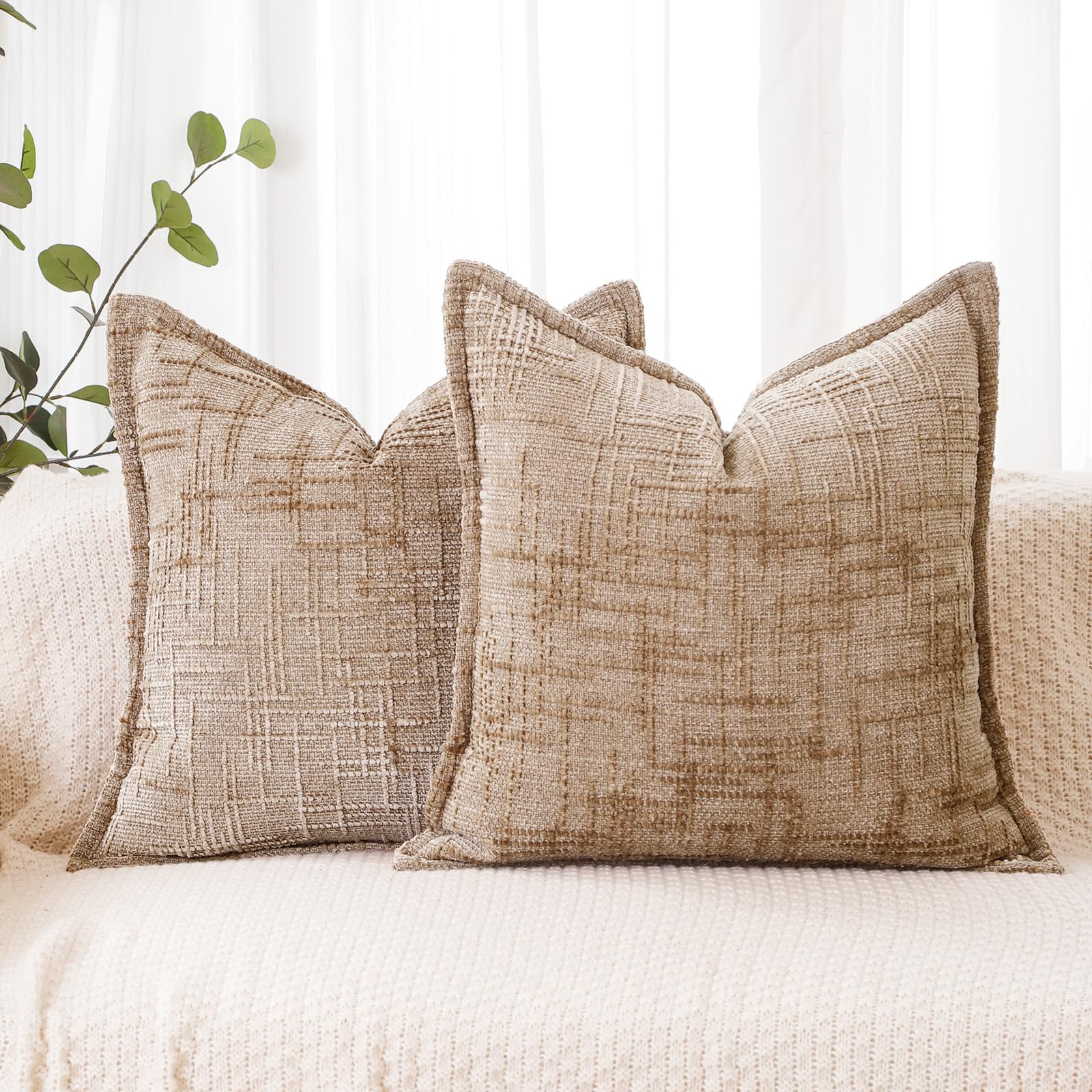 HPUK Decorative Throw Pillow Covers Set of 4 Geometric Design Linen Cushion Cover for Couch Sofa Living Room, 18"x18" inches, Golden Brown