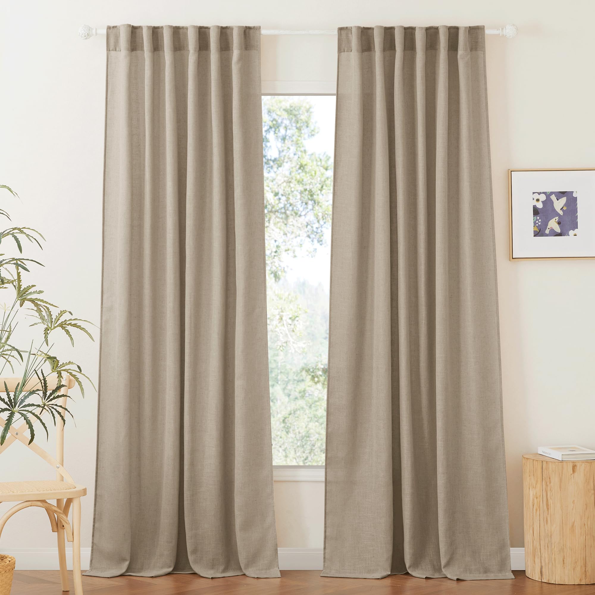 RYB HOME Semi Sheer Curtains - Linen Blend Privacy Curtains Sheer Window Treatment Drapes Farmhouse Decor for Bedroom Living Room Sliding Glass Door, 52 inch Wide x 95 inch Long 2 Panels, Linen