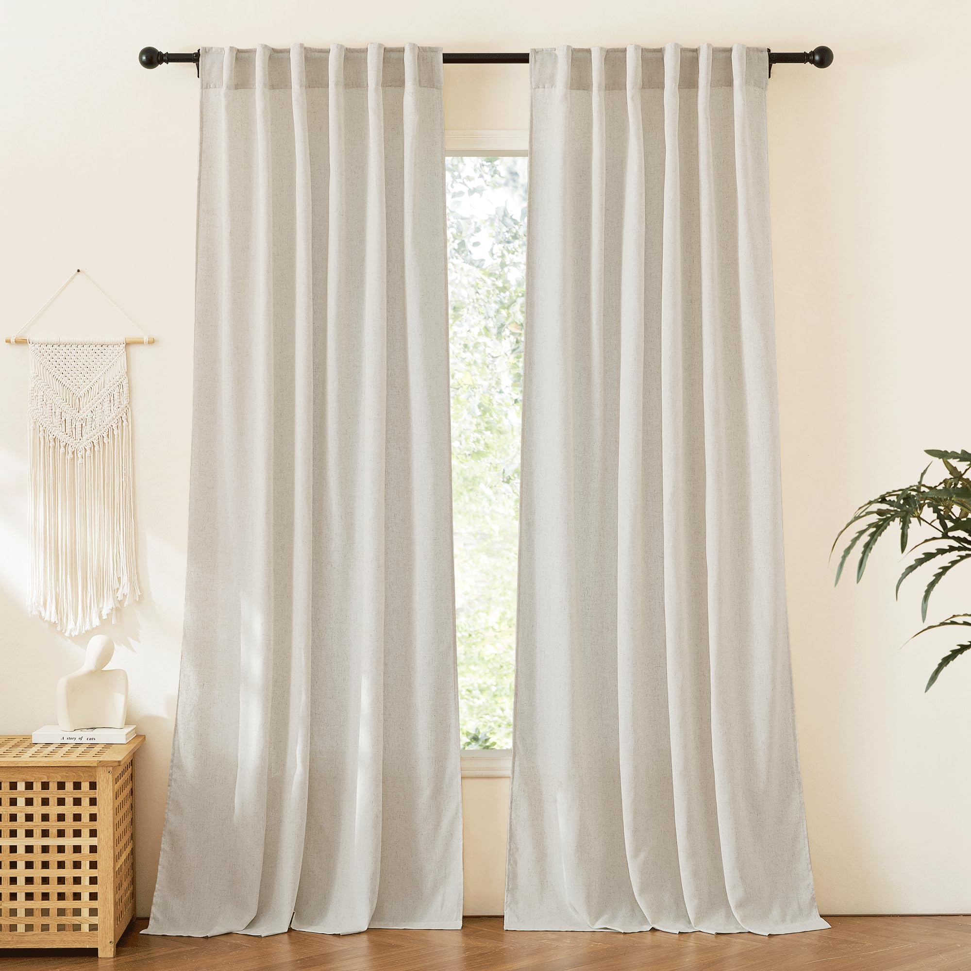 RYB HOME Semi Sheer Curtains - Linen Blend Privacy Curtains Sheer Window Treatment Drapes Farmhouse Decor for Bedroom Living Room Sliding Glass Door, 52 inch Wide x 95 inch Long 2 Panels, Linen