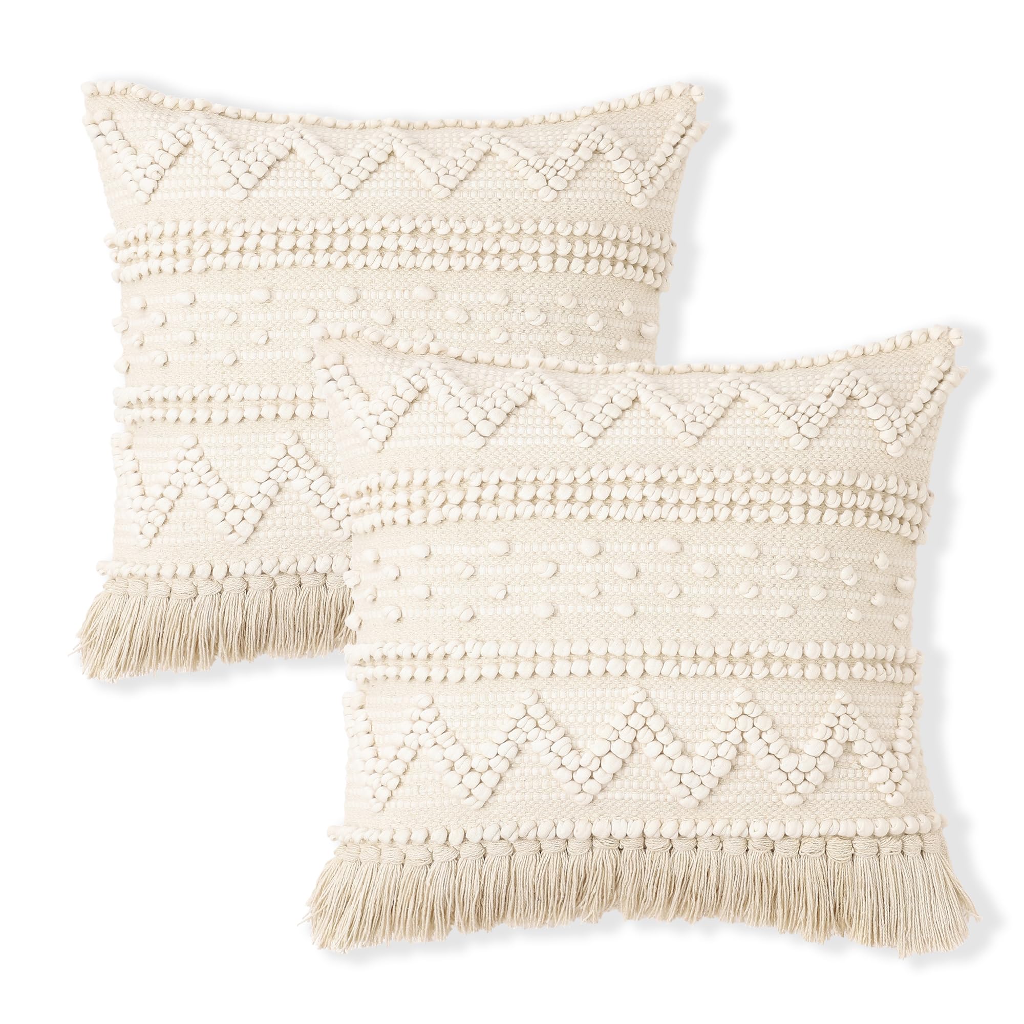 REDEARTH Handmade Boho Throw Pillow Covers - Bohemian Chic Farmhouse Style - Accent Woven Indoor and Outdoor Pillow Cushion Cases for Couch - Bed - Chair - Sofa - Benches – Set of 2-18"x18" - Taupe