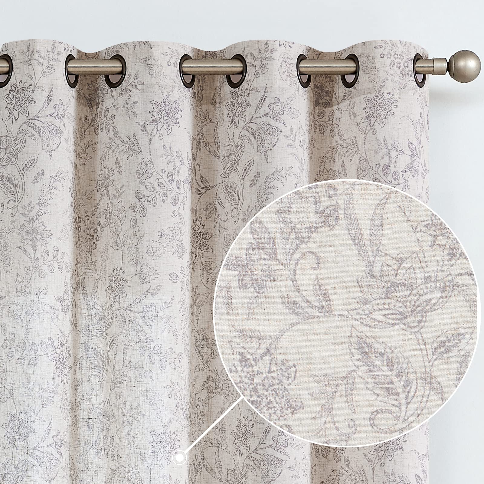 Lazzzy Linen Farmhouse Curtains for Living Room 84 Inch Length Floral Print Window Curtains Semi Sheer Drapes for Bedroom Country Light Filtering Curtain Grommet Top 2 Panels Blue on Beige