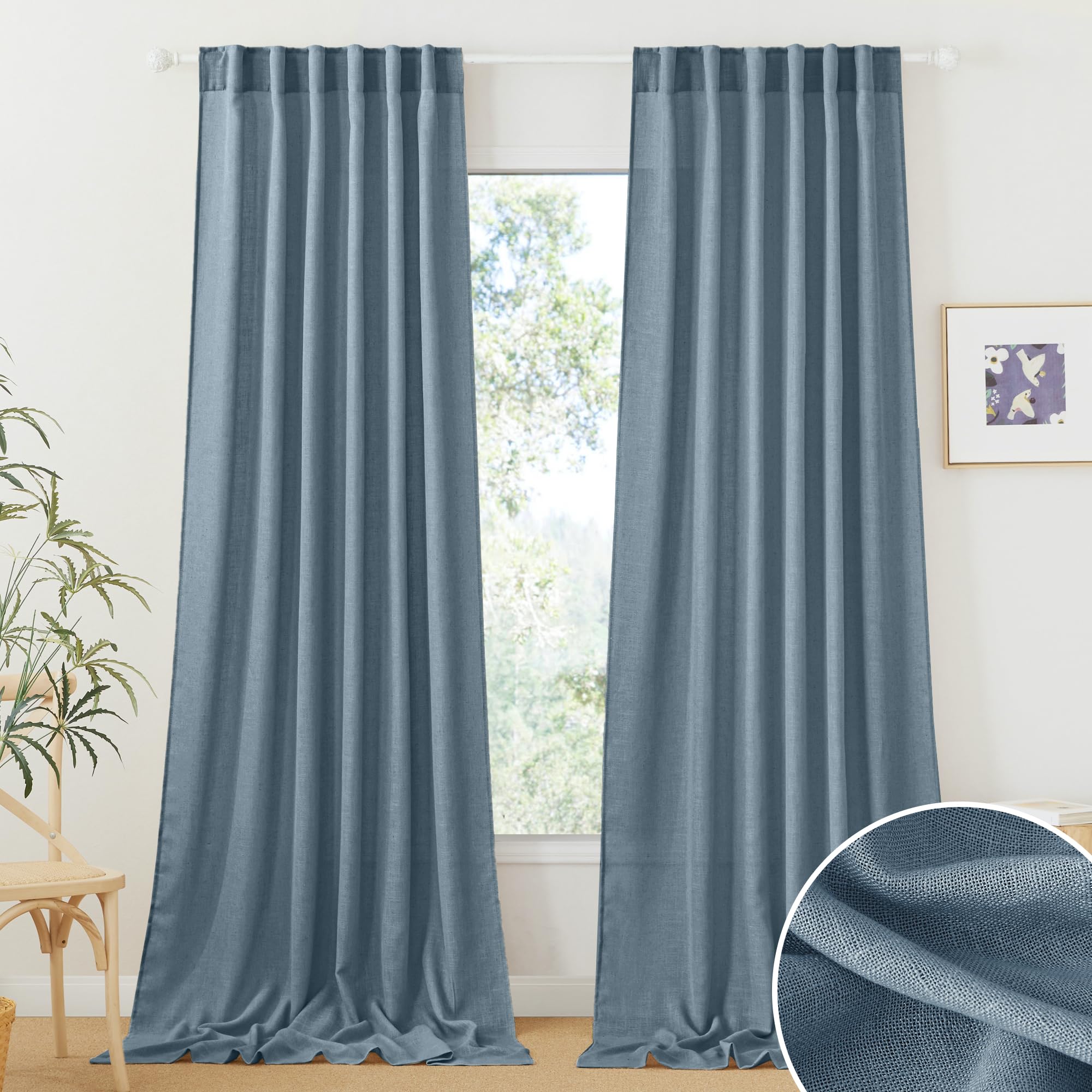 RYB HOME Semi Sheer Curtains - Linen Blend Privacy Curtains Sheer Window Treatment Drapes Farmhouse Decor for Bedroom Living Room Sliding Glass Door, 52 inch Wide x 95 inch Long 2 Panels, Linen