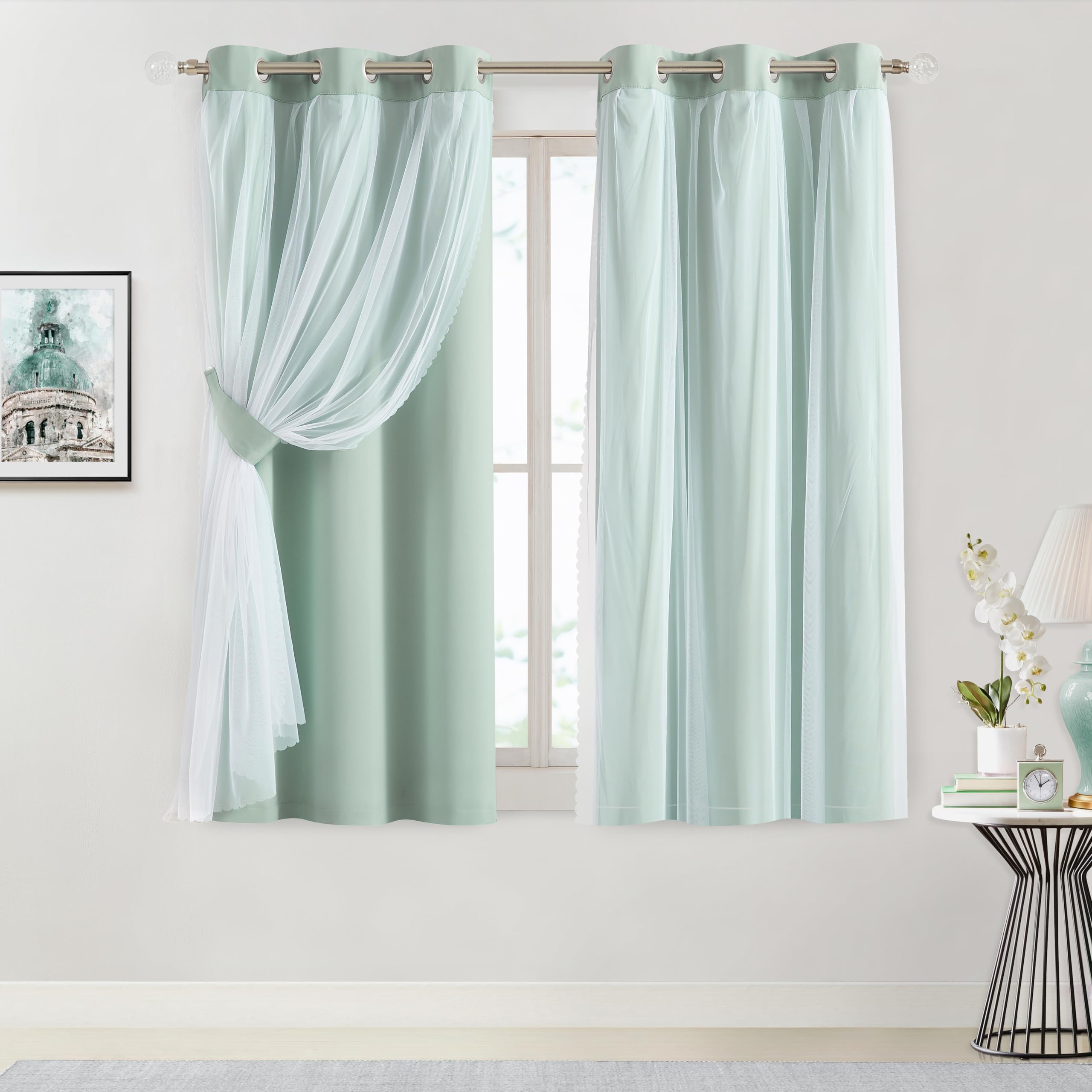 Bujasso Beige 90% Blackout Curtains with Sheer Overlay Mix and Match Double Layer Thermal Insulated Window Panels 84 inch for Living Room Bedroom Beige Drapes with Tiebacks Grommet Top 37" Wx84 Lx2