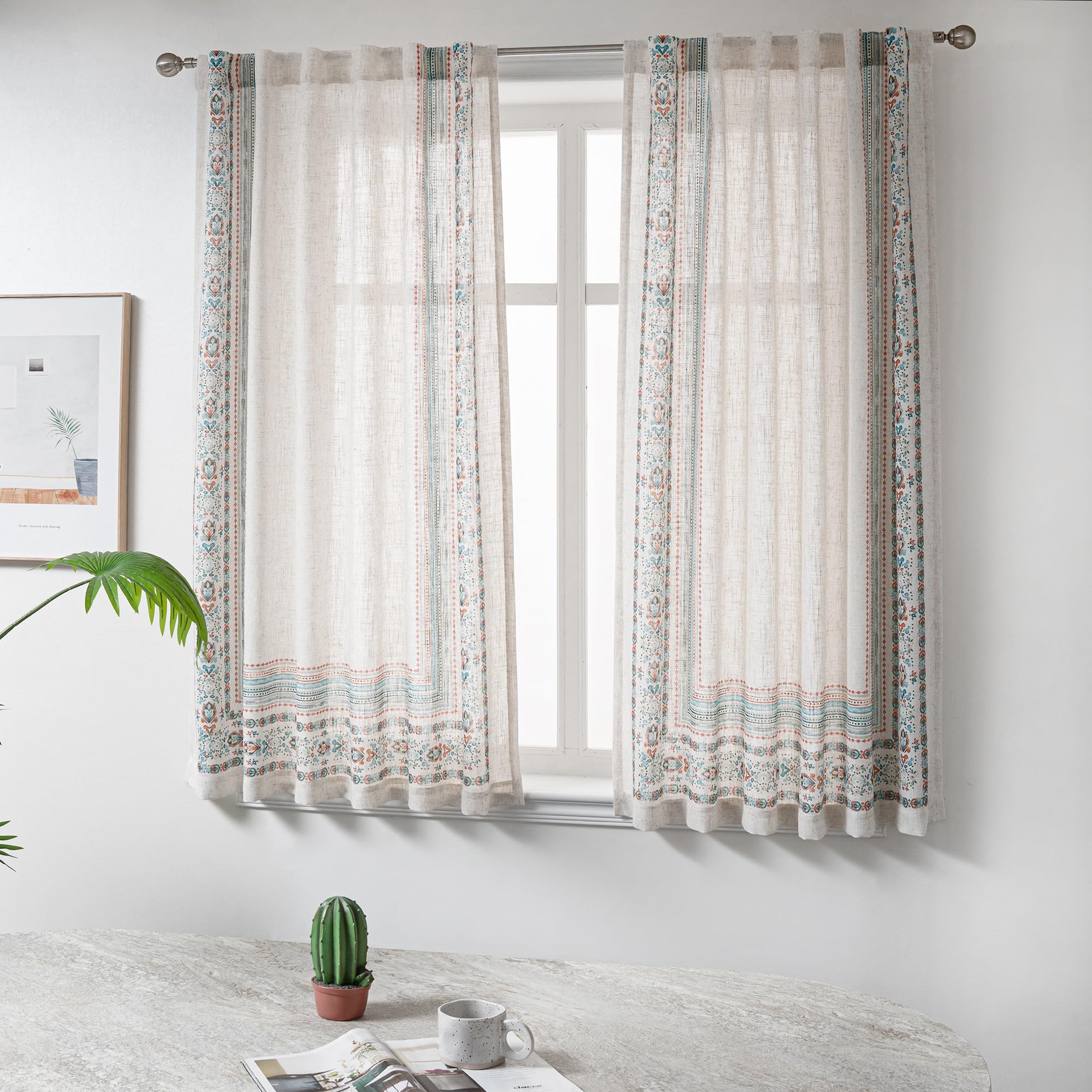 MYSKY HOME Sheer Curtains 84 Inches Long 2 Panels Linen Blended Farmhouse Curtains & Drapes for Living Room Bedroom, Light Filtering Privacy Curtains Floral Printed Classical Home Decor, Navy Blue(2)