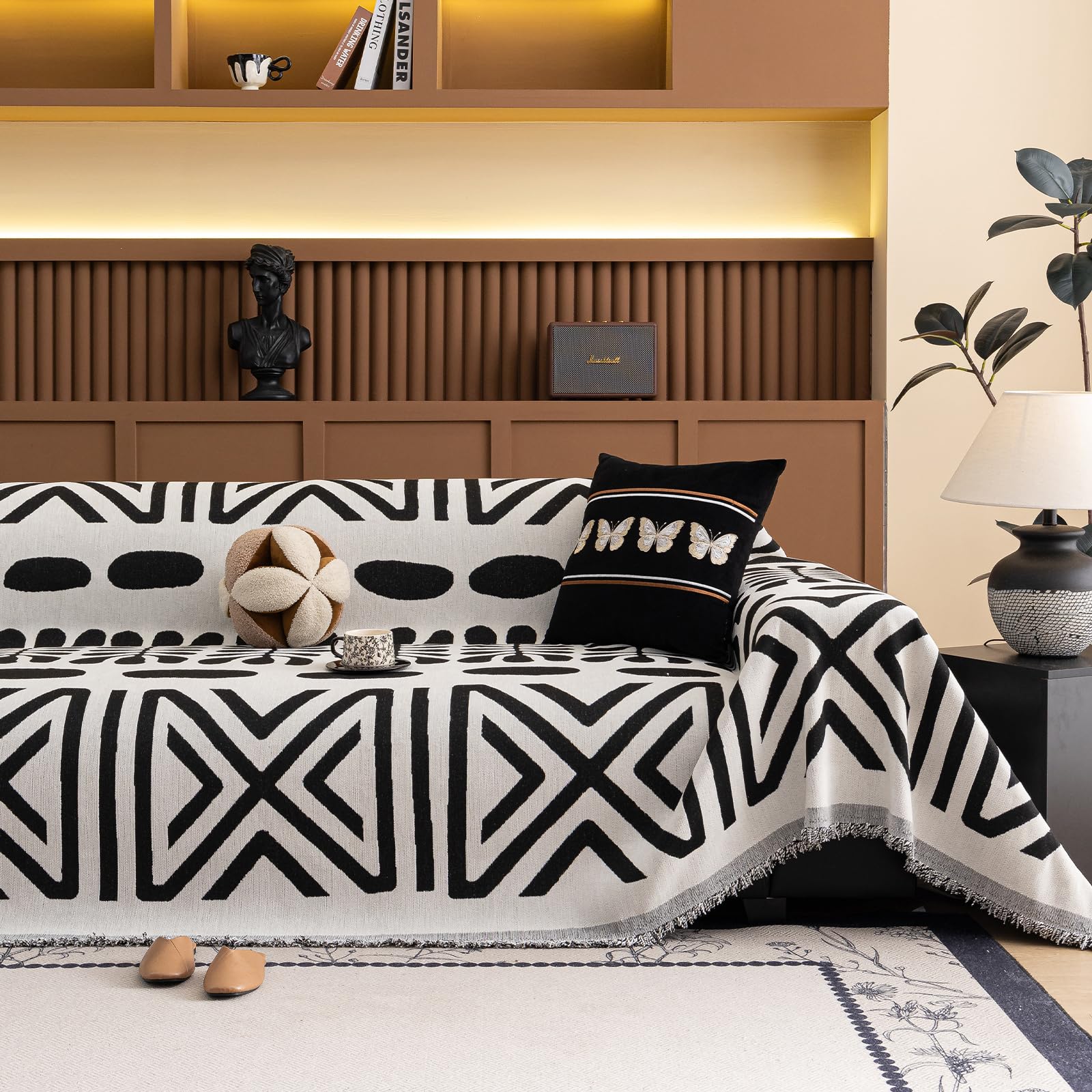 VClife Boho Couch Cover Blue Geometric Jacquard Pattern Sofa Cover, 1 Piece Large Couch Covers for 3 Cushion Couch Sofa Washable Plush Chenille Sofa Protector for Living Room, 71x134 Inch
