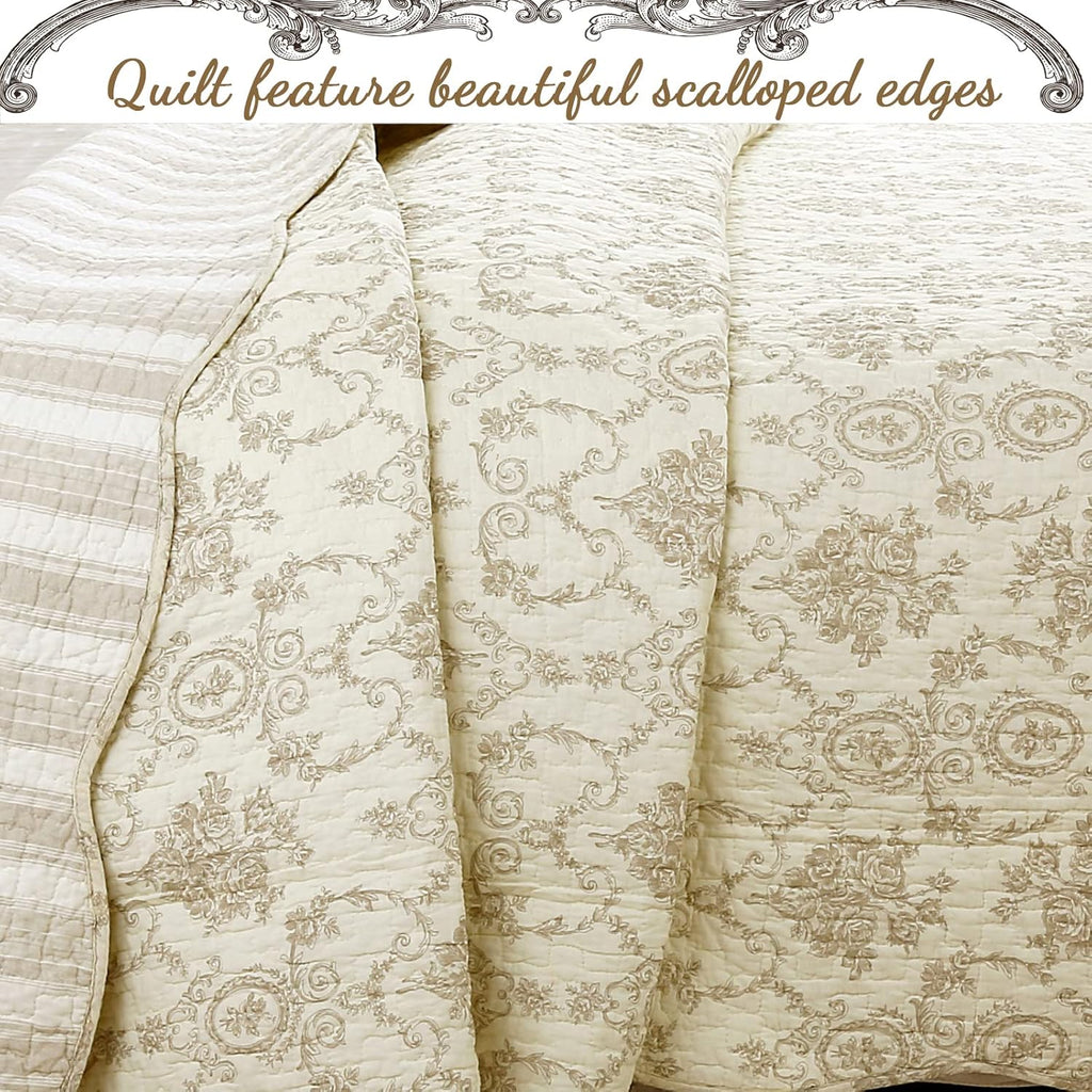 Cozy Line Home Fashions French Medallion 100% Cotton Bedding Quilt Set, Beige Ivory Rose Flower Reversible Coverlet Bedspread (Cream Eggnog, Queen -3 piece)