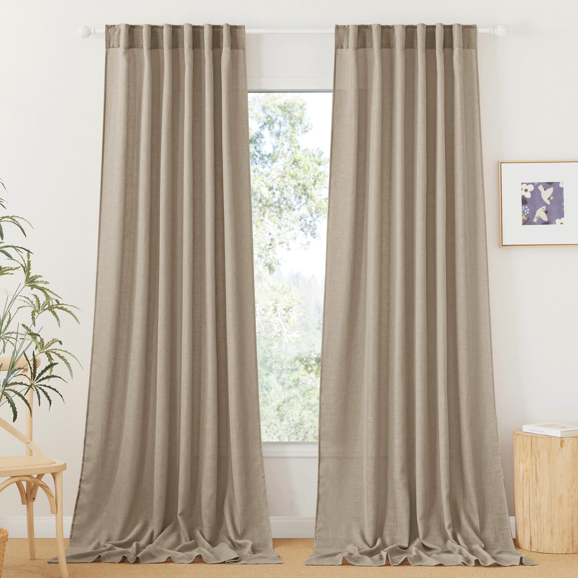 RYB HOME Semi Sheer Curtains - Linen Blend Privacy Curtains Sheer Window Treatment Drapes Farmhouse Decor for Bedroom Living Room Sliding Glass Door, 52 inch Wide x 95 inch Long 2 Panels, Linen