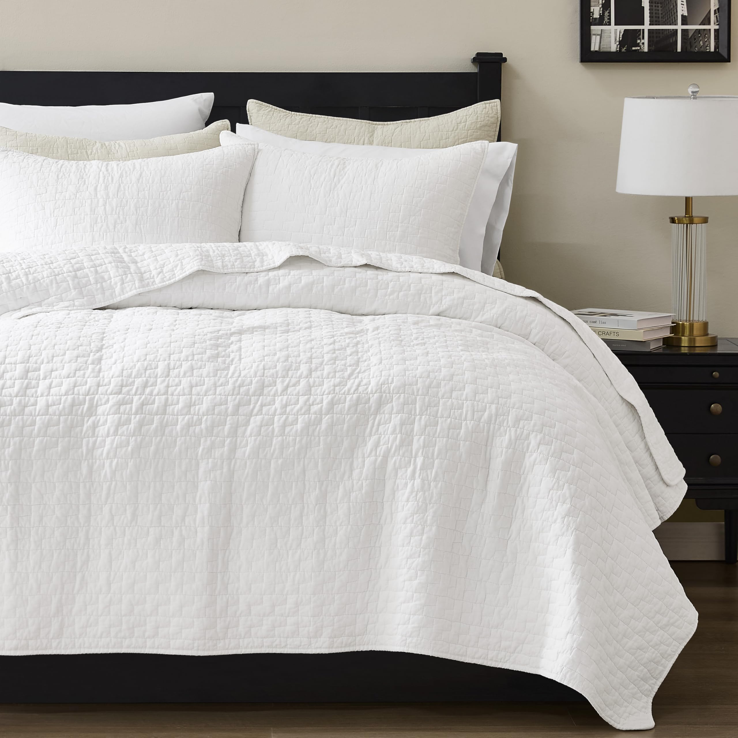 palassio Beige 100% Cotton Quilt Queen Size Bedding Sets with 2 Pillow Shams, Textured Lightweight Soft Bedspread Shabby Chic Coverlet, Neutral Quilted Comforter Bed Cover for All Season, 3 Pieces