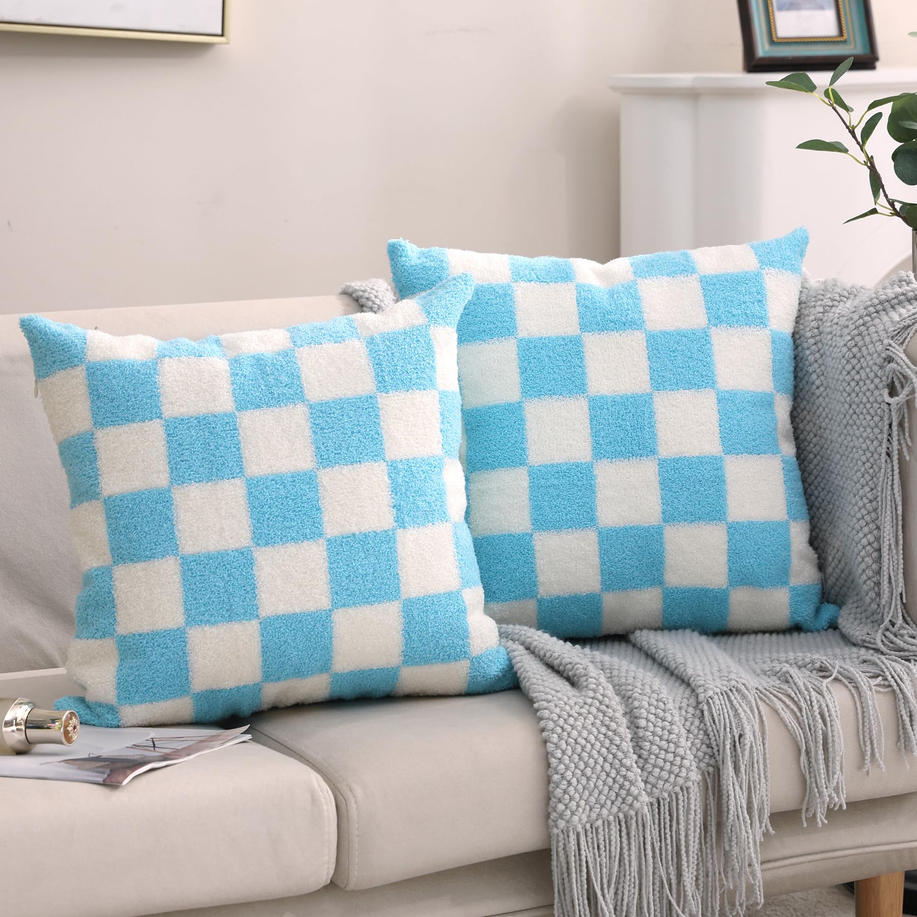 Navy Blue Boho Geometric Pillow Covers 18x18", Set of 2 Embroidered Cotton Cushion Cases