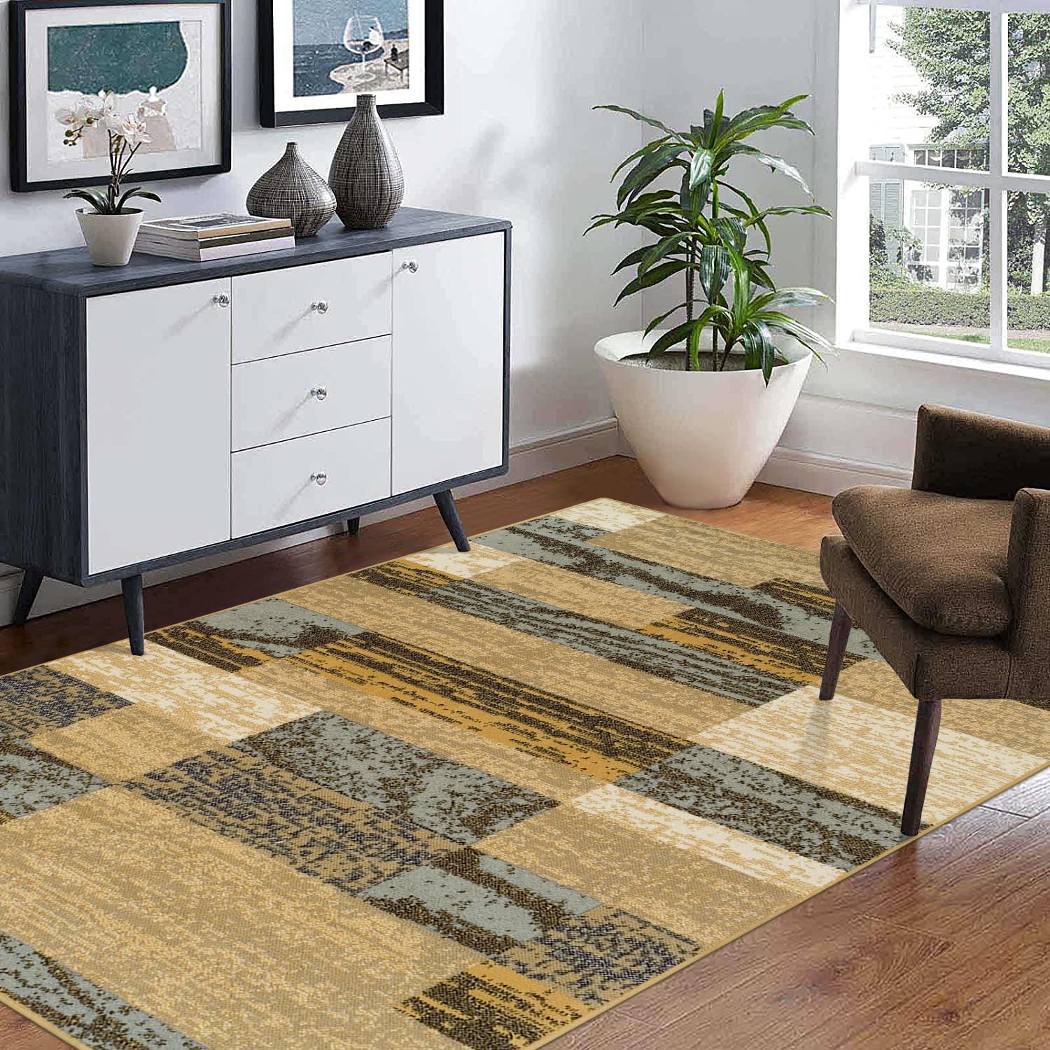 SUPERIOR Indoor Area Rug, Jute Backed, Modern Geometric Patchwork Floor Decor for Bedroom, Office, Living Room, Entryway, Hardwood Floors, Rockwood Collection, 4' x 6', Chocolate
