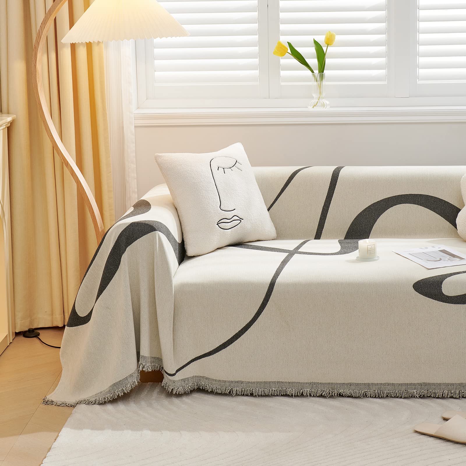 VClife Boho Couch Cover, Washable Sofa Cover for Dog, Non Slip Couch Covers for 3 Cushion Couch, Modern Khaki Creamy White Geometric Sofa Slipcovers Multi-Functional Furniture Protector 71'' x 134''