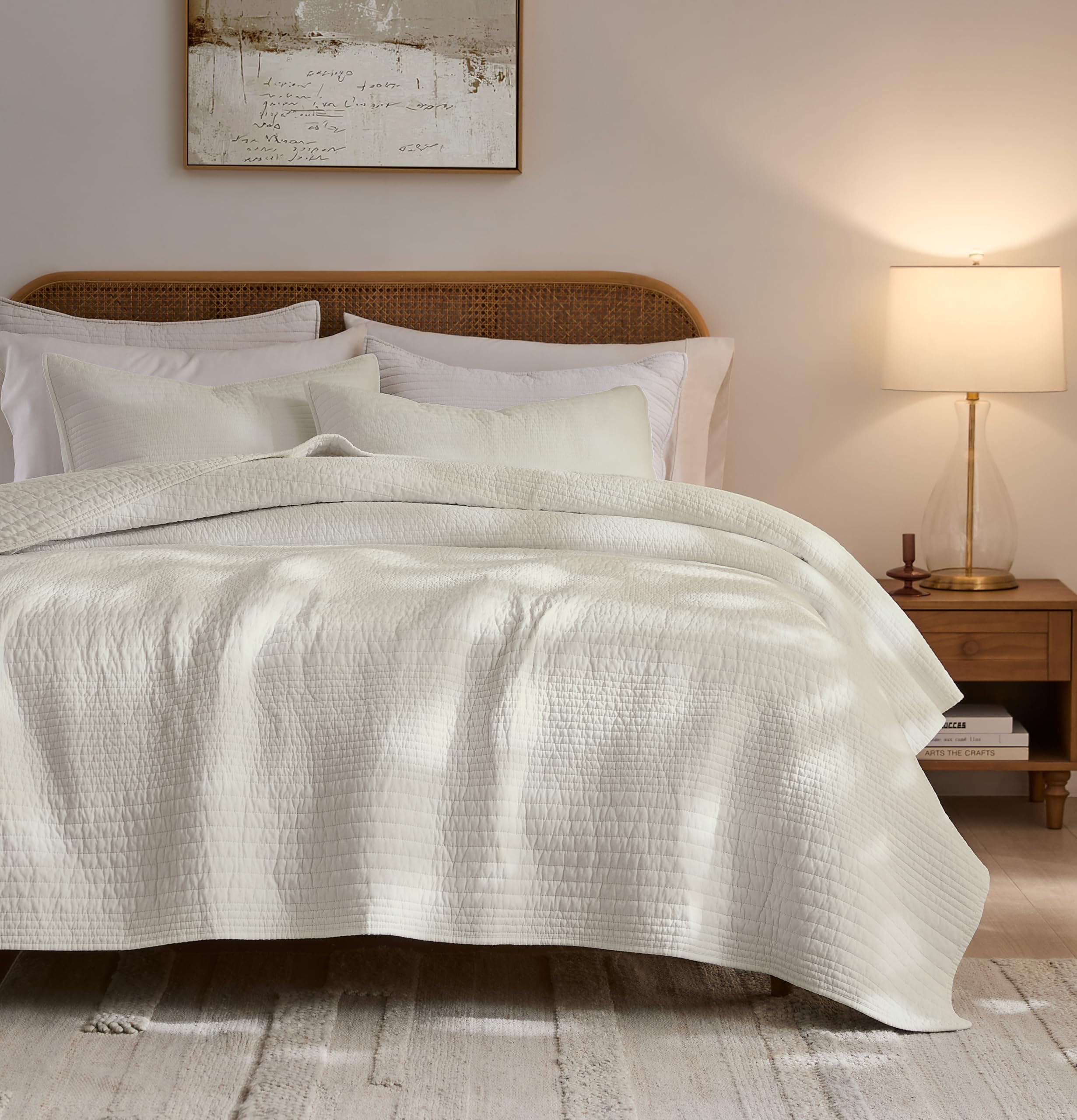 palassio Striped Blue Grey 100% Cotton Quilt King Size Bedding Sets, Lightweight Crinkly Channel Pick Stitch Textured Bedspread Soft Shabby Chic Farmhouse Country Coverlet for All Season, 2 Shams