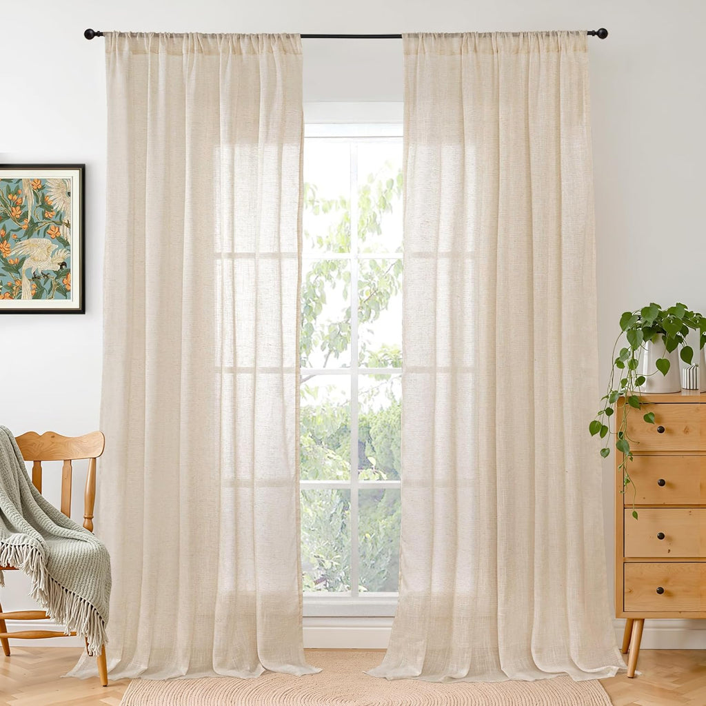 BGment 80 Inches Long Natural Linen Curtains 2 Panels Set - Burlap Light Filtering Window Drapes with Rod Pocket Semi Sheer for Farmhouse Bedroom Decor Rustic, 52 Inch Wide Each Panel