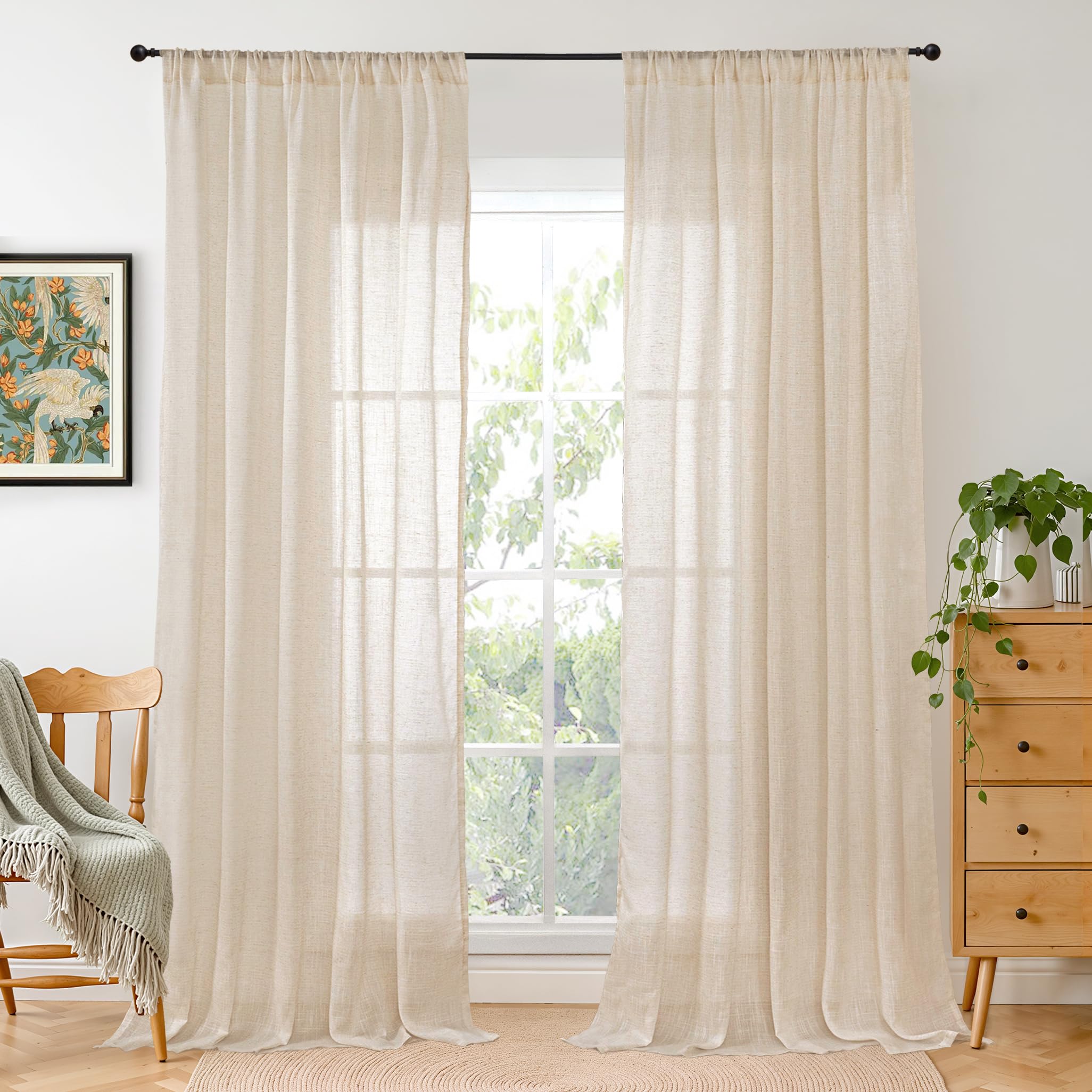 BGment 80 Inches Long Natural Linen Curtains 2 Panels Set - Burlap Light Filtering Window Drapes with Rod Pocket Semi Sheer for Farmhouse Bedroom Decor Rustic, 52 Inch Wide Each Panel