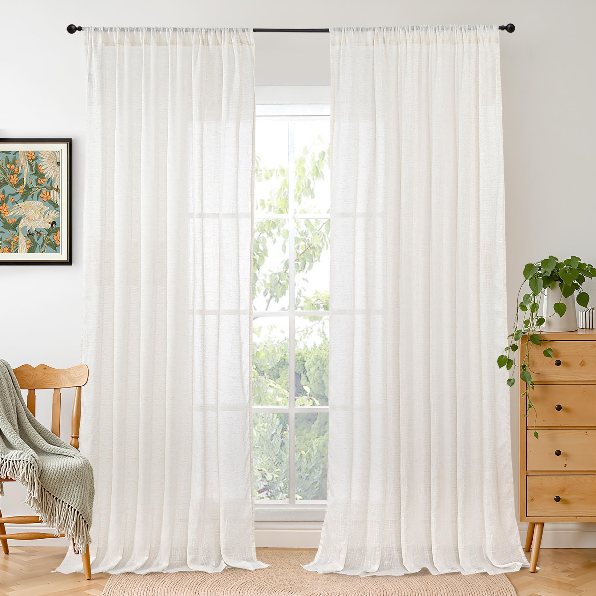 BGment 80 Inches Long Natural Linen Curtains 2 Panels Set - Burlap Light Filtering Window Drapes with Rod Pocket Semi Sheer for Farmhouse Bedroom Decor Rustic, 52 Inch Wide Each Panel