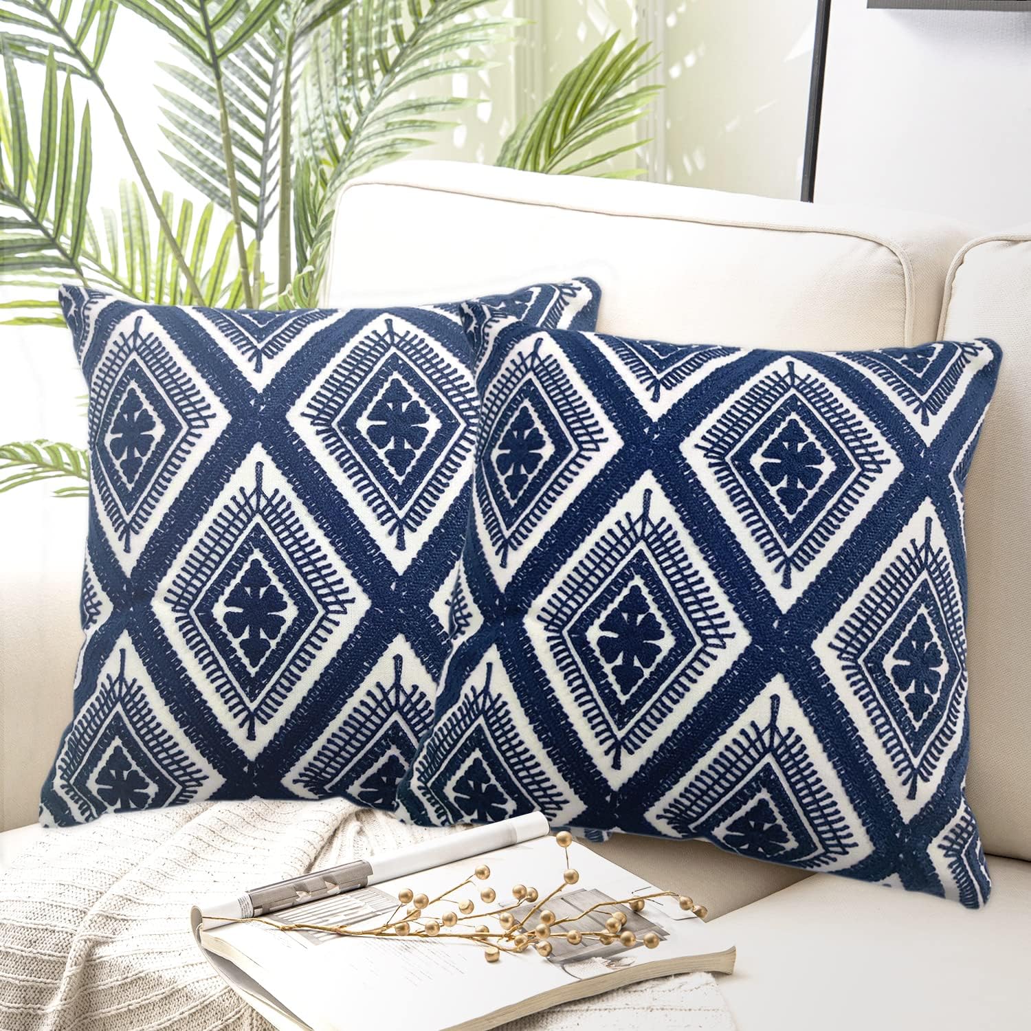 Navy Blue Boho Geometric Pillow Covers 18x18", Set of 2 Embroidered Cotton Cushion Cases
