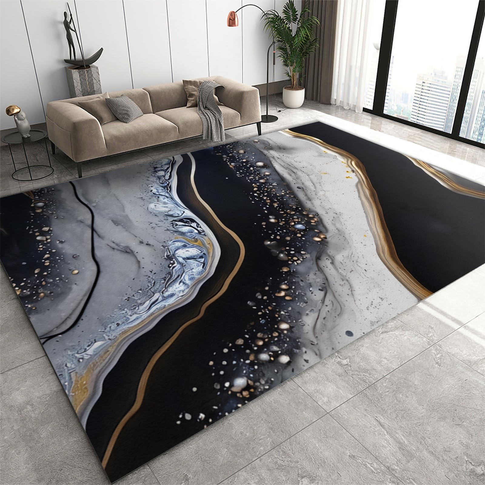 3x5 Rug Minimalist Light Luxury Washable Rugs, Nordic Marble Irregular Geometry Bedroom Rugs with Non Slip Backing for Bedroom Hotel Hardwood Floors Garage Farmhouse