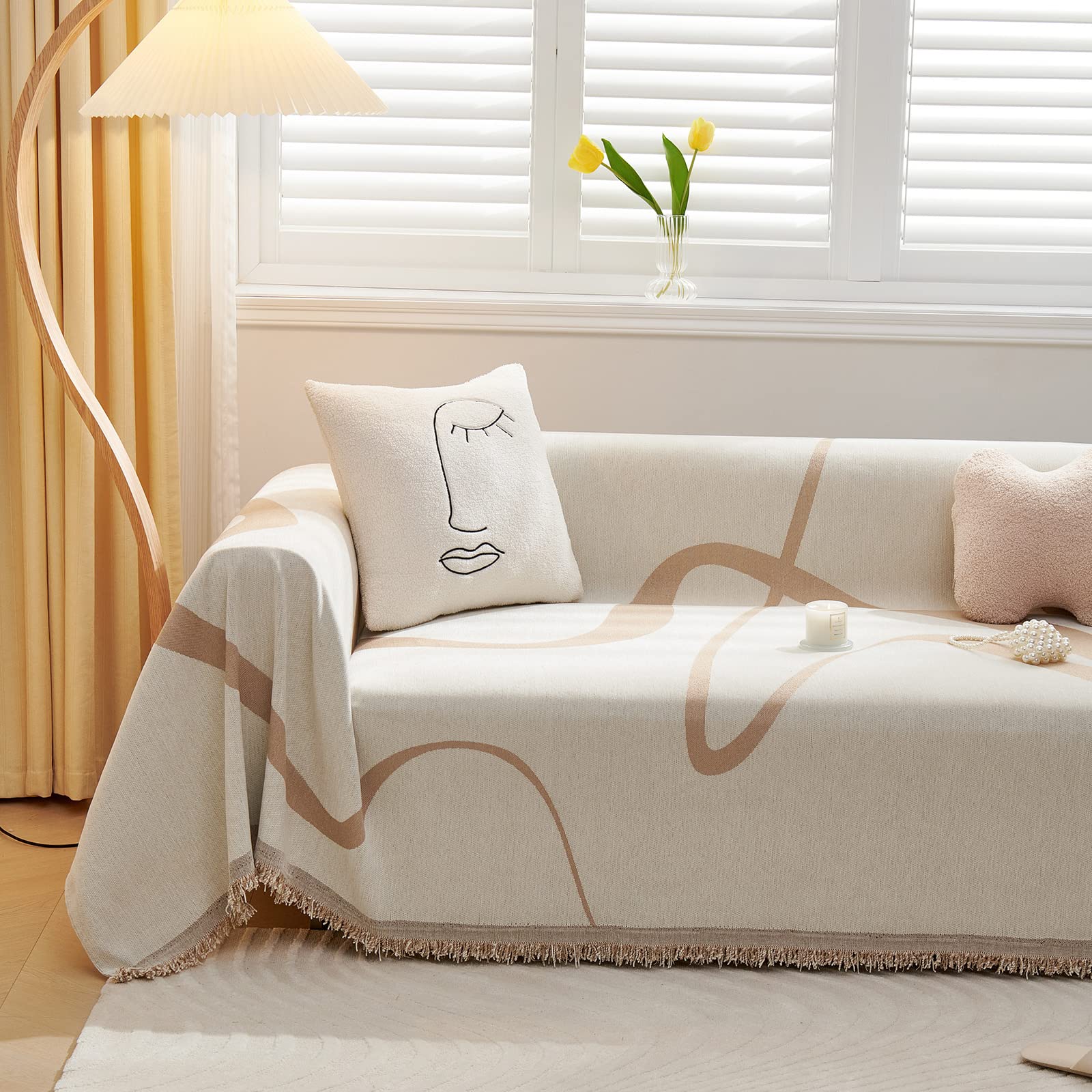 VClife Boho Couch Cover, Washable Sofa Cover for Dog, Non Slip Couch Covers for 3 Cushion Couch, Modern Khaki Creamy White Geometric Sofa Slipcovers Multi-Functional Furniture Protector 71'' x 134''