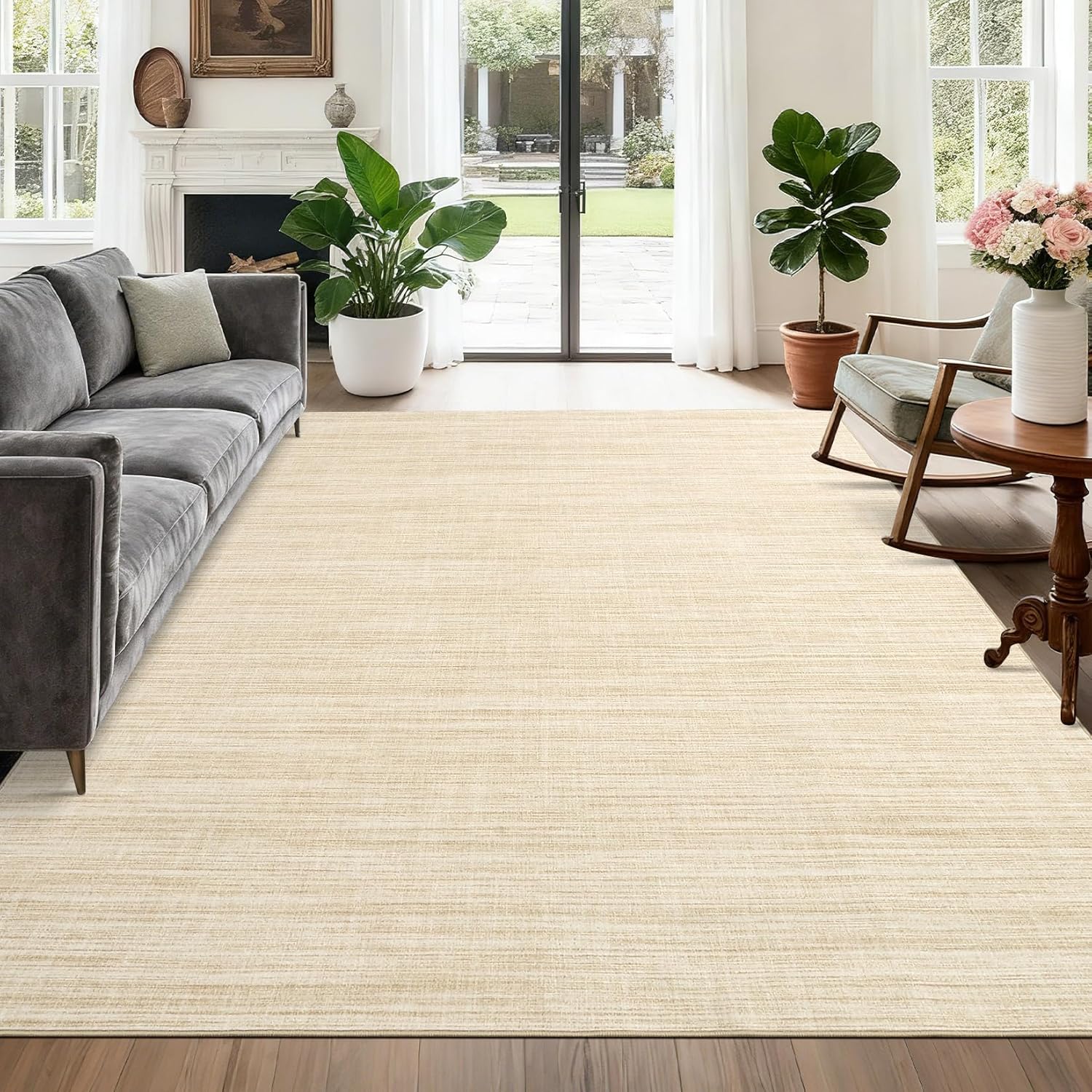 COZYLOOM 8x10 Rugs for Living Room Machine Washable Rug with Non Slip Backing Solid Color Print Rug Satin Resistant Low Pile Contemporary Carpet Non Shedding Throw Mats for Bedroom Nursery, Camel