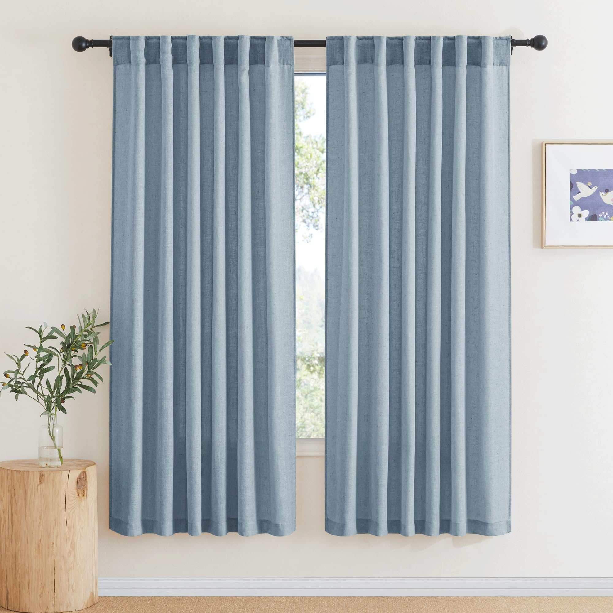 RYB HOME Semi Sheer Curtains - Linen Blend Privacy Curtains Sheer Window Treatment Drapes Farmhouse Decor for Bedroom Living Room Sliding Glass Door, 52 inch Wide x 95 inch Long 2 Panels, Linen