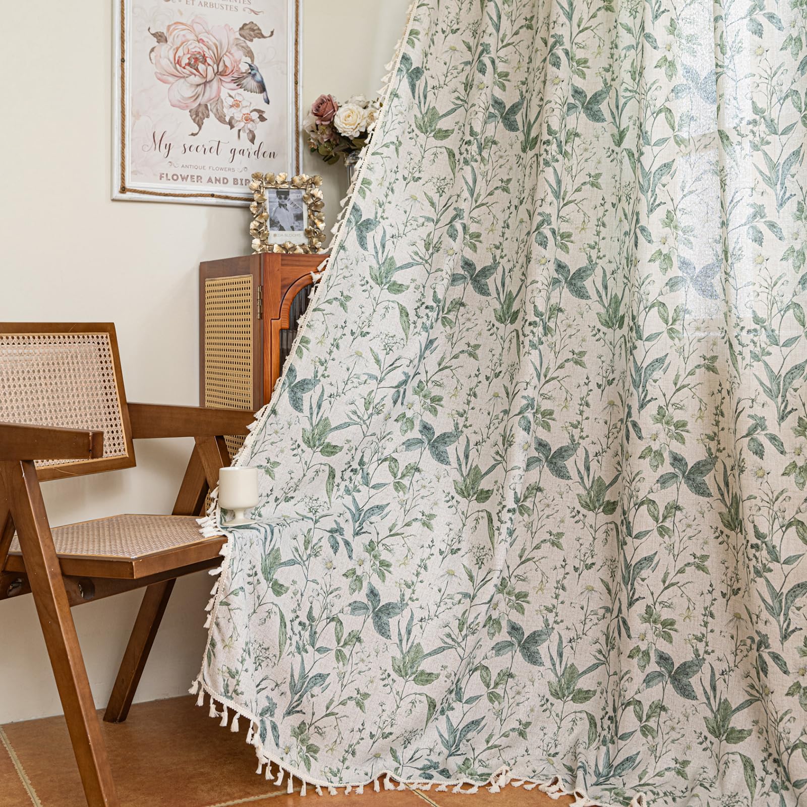 Green Boho Floral Curtains 84", 2 Panels Cotton Linen Semi-Blackout Drapes with Tassel