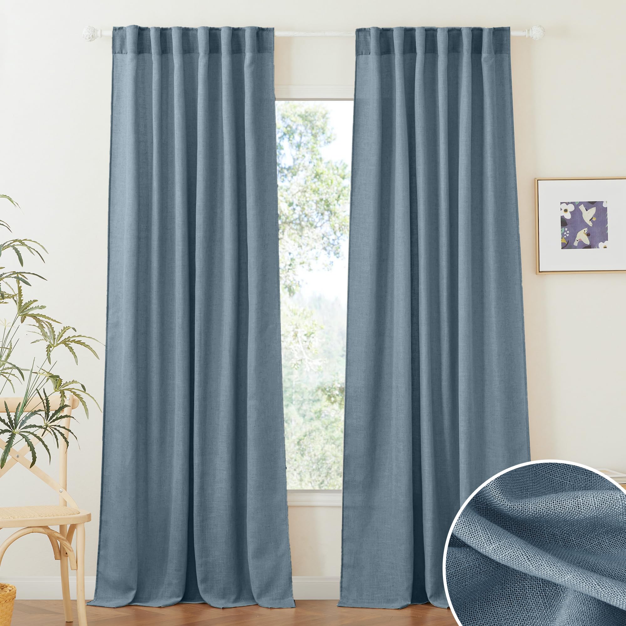 RYB HOME Semi Sheer Curtains - Linen Blend Privacy Curtains Sheer Window Treatment Drapes Farmhouse Decor for Bedroom Living Room Sliding Glass Door, 52 inch Wide x 95 inch Long 2 Panels, Linen