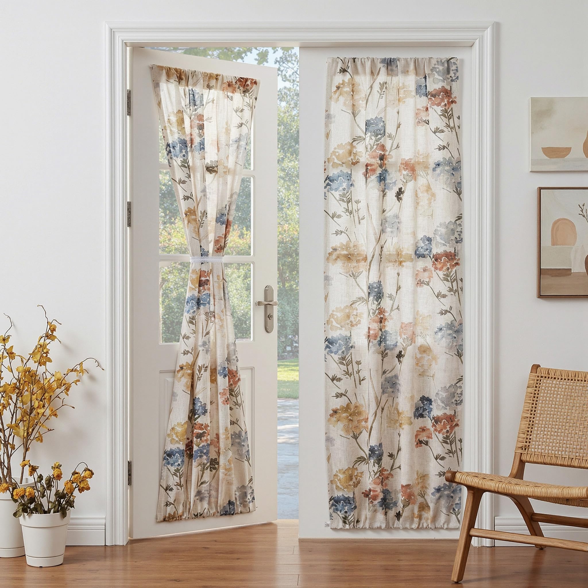 MYSKY HOME Floral Curtains for Living Room Linen Look Semi Sheer Vertical Light Filtering Privacy Drapes Decor Farmhouse Style Texture for Bedroom Dining Room, Brown, W52 x L84, Pack-2