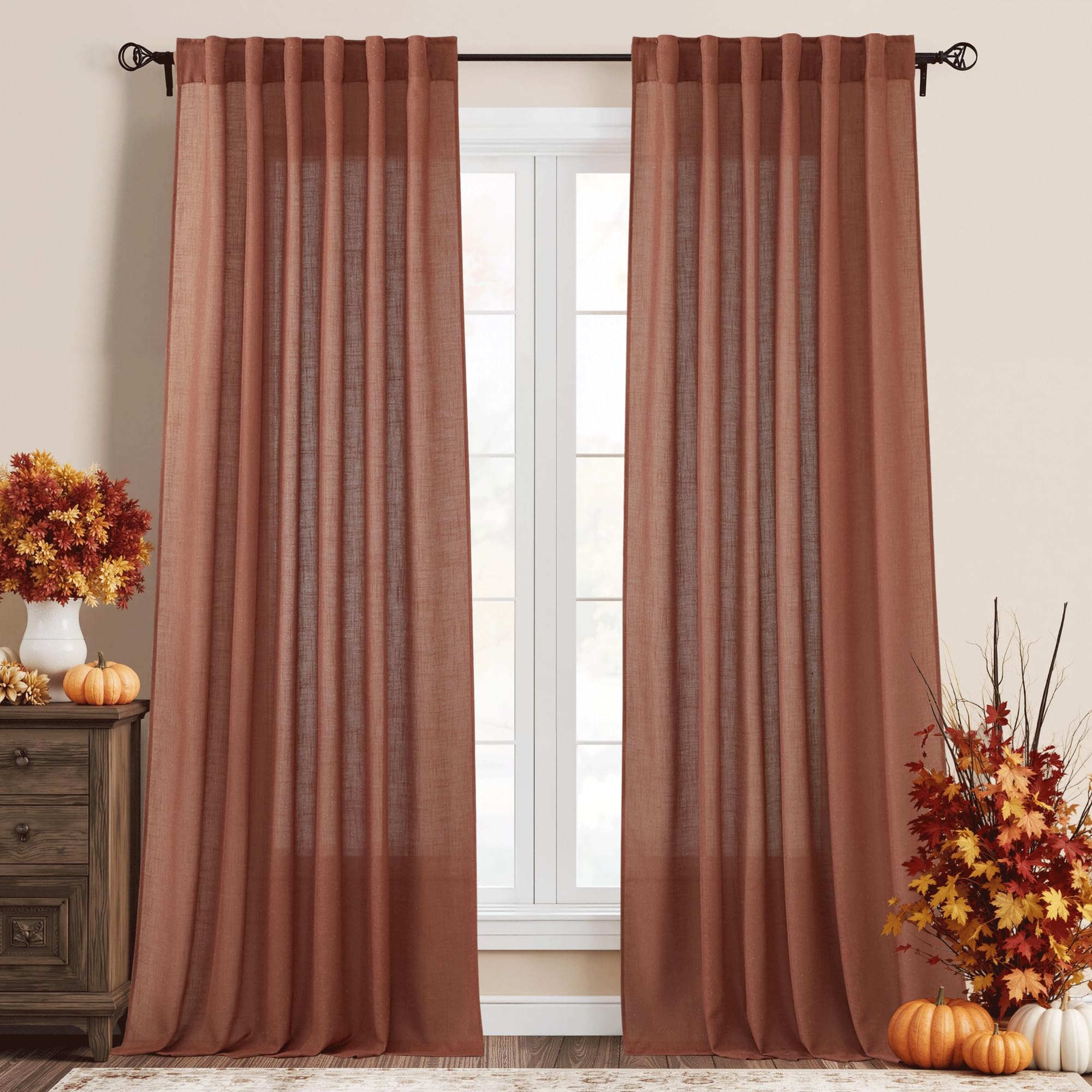 RYB HOME Semi Sheer Curtains - Linen Blend Privacy Curtains Sheer Window Treatment Drapes Farmhouse Decor for Bedroom Living Room Sliding Glass Door, 52 inch Wide x 95 inch Long 2 Panels, Linen